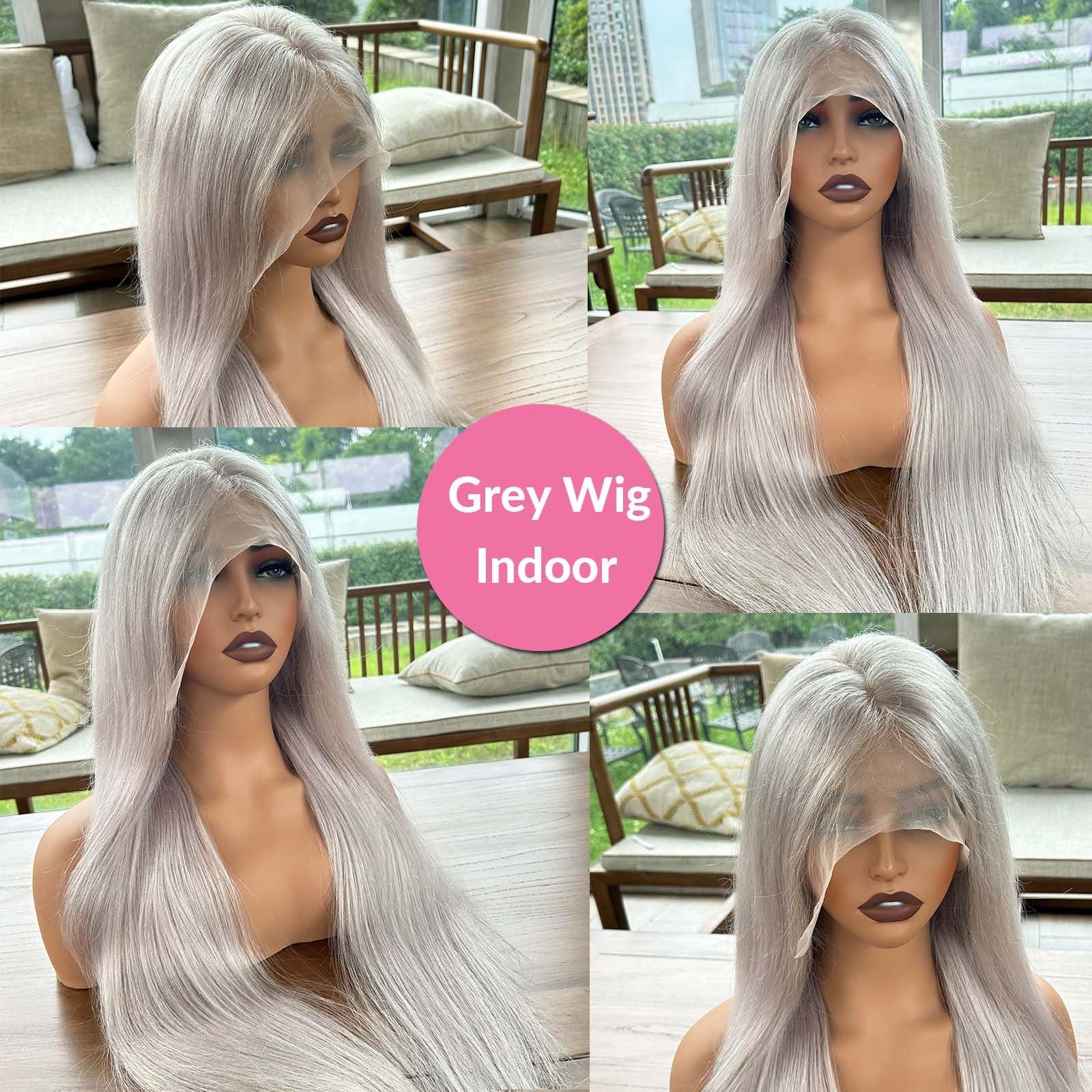 Licoville Grey Human Hair Lace Front Wigs for Women Free Part 13x4 HD Transparent Grey Lace Front Wig Human Hair Pre Plucked Straight Long 28 Inch Gray Lace Front Wigs Human Hair Silver Gray Wig 180% Density