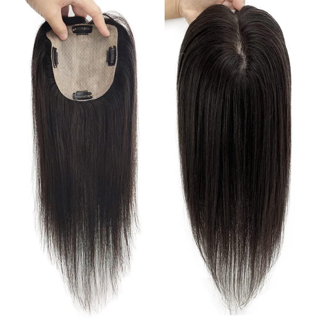 EREE HAIR EREE HAIR 4.7x5.1 Silk Base Remy Hair Topper Top Hairpiece for Thinning Hair,Seamless Straight Human Hair Topper Hair Piece Women Toupee Clip in Topper Hair Pieces 14\" Natural Black