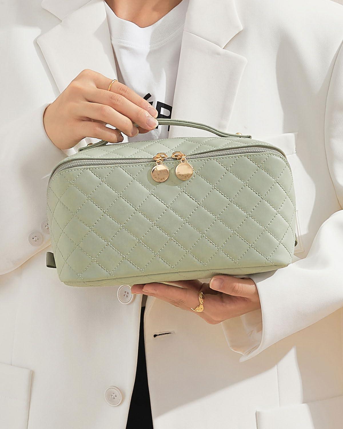 EACHY EACHY Travel Makeup Bag, Large Capacity Cosmetic Bags for Women, Waterproof Portable Open Flat Toiletry Bag Make up Bag with Divider and Handle, Gifts for Women (F-Green, Medium)