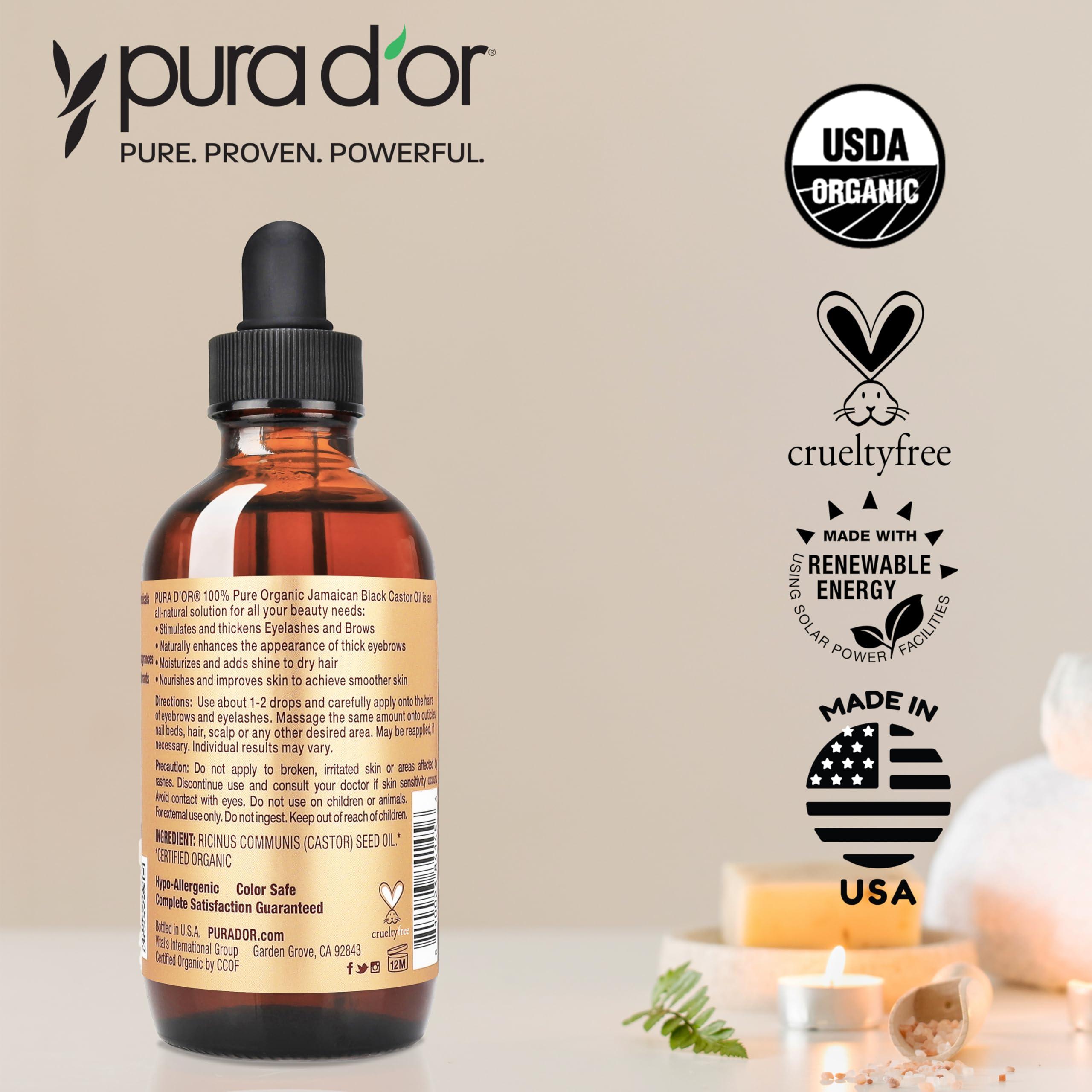 PURA D\'OR PURA D\'OR 4 Oz ORGANIC Jamaican Black Castor Oil - Natural Smoky Scent - w/ 2 BONUS Empty Brushes - 100% Pure USDA Certified Cold Pressed & Roasted, Hexane Free Eyelash & Eyebrow Serum