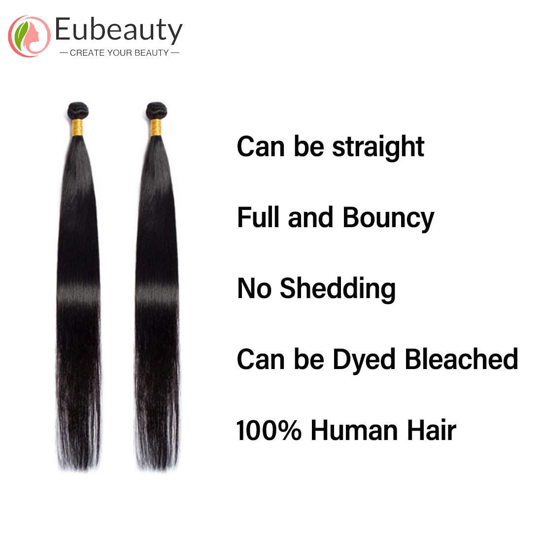 Eubeauty Straight Human Hair Bundles 16 16 inch 2 Bundles Human Hair 100% Unprocessed Brazilian virgin 12a Hair Natural Black Color 200G Per Pack