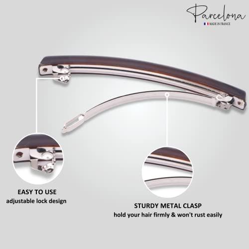 Parcelona Parcelona French Long Narrow Large Celluloid Set of 2 Acetate No Slip Automatic Hair Clips Strong Hold Hair Barrette for Women and Girls, Made in France (Tortoise Shell-Black)