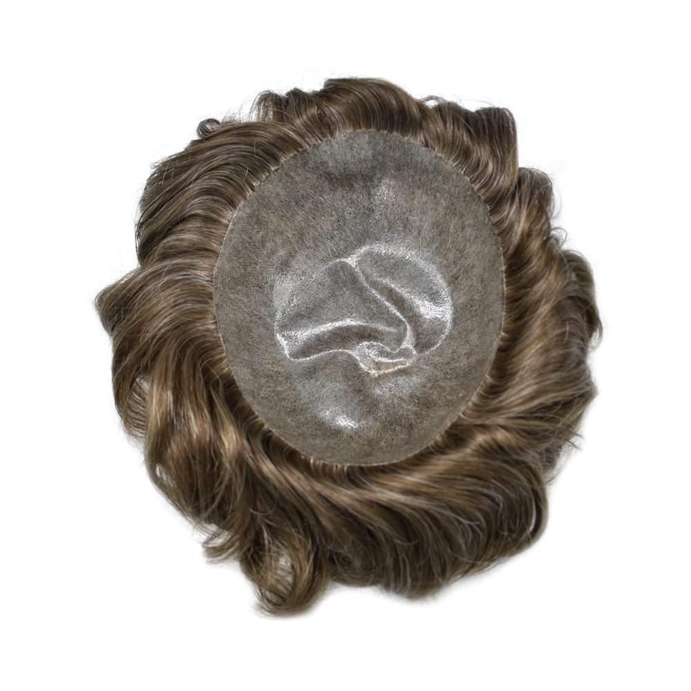 Hair Wonders Toupee for Men Hair Piece Real Human Hair Full Poly Skin Mens Toupee Men Hair System Hair Replacement Systems for Men Invisible Hair Pieces for Men #420 4# MEDIUM BROWN+20% GREY 6x9