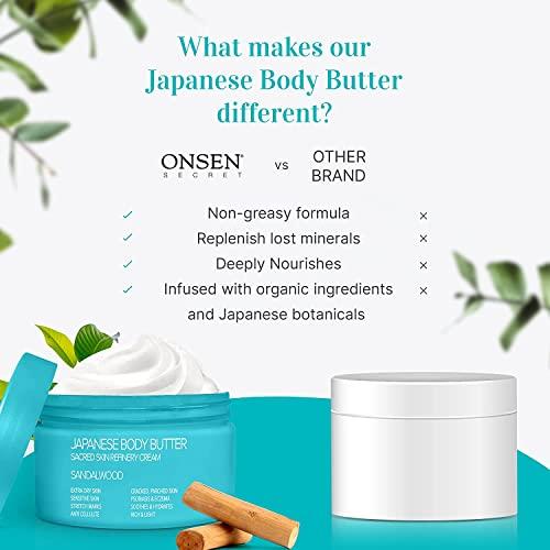 Onsen Secret Onsen Japanese Body Butter for Women - Skin Refinery Cream Natural and Organic Shea Butter Moisturizing Clear Skin Exfoliator with Coconut Oil and Vitamin E - 8.6 fl oz / 255 ml (Sandalwood)