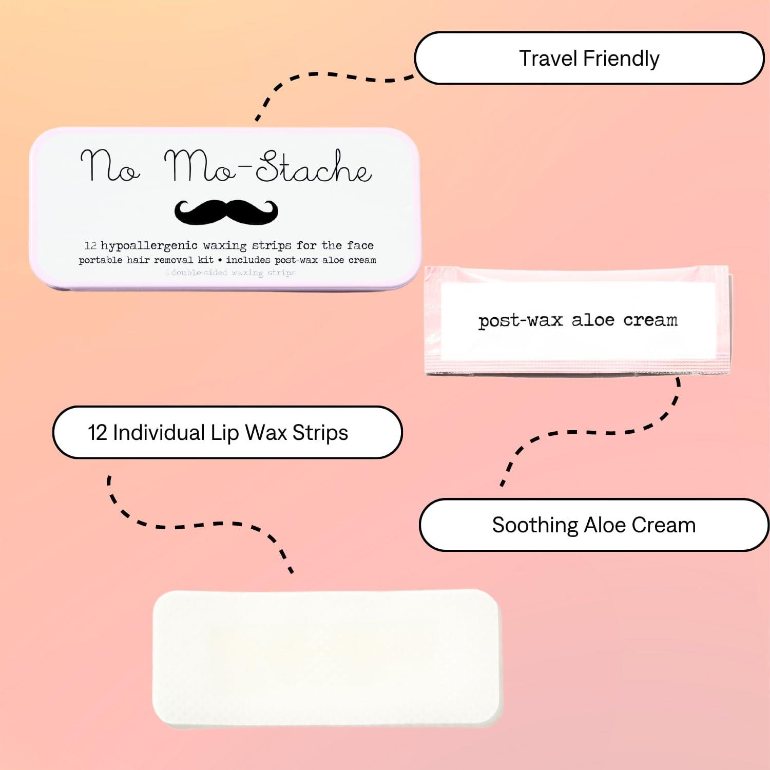 No mo-stache No Mo-Stache Wax Strips for Hair Removal, 12 Count - Hypoallergenic All Skin Types - Facial Hair Removal For Women - Travel Friendly Wax Strips For Lip, Brows, Chin, Face + Post Wax Aloe Cream