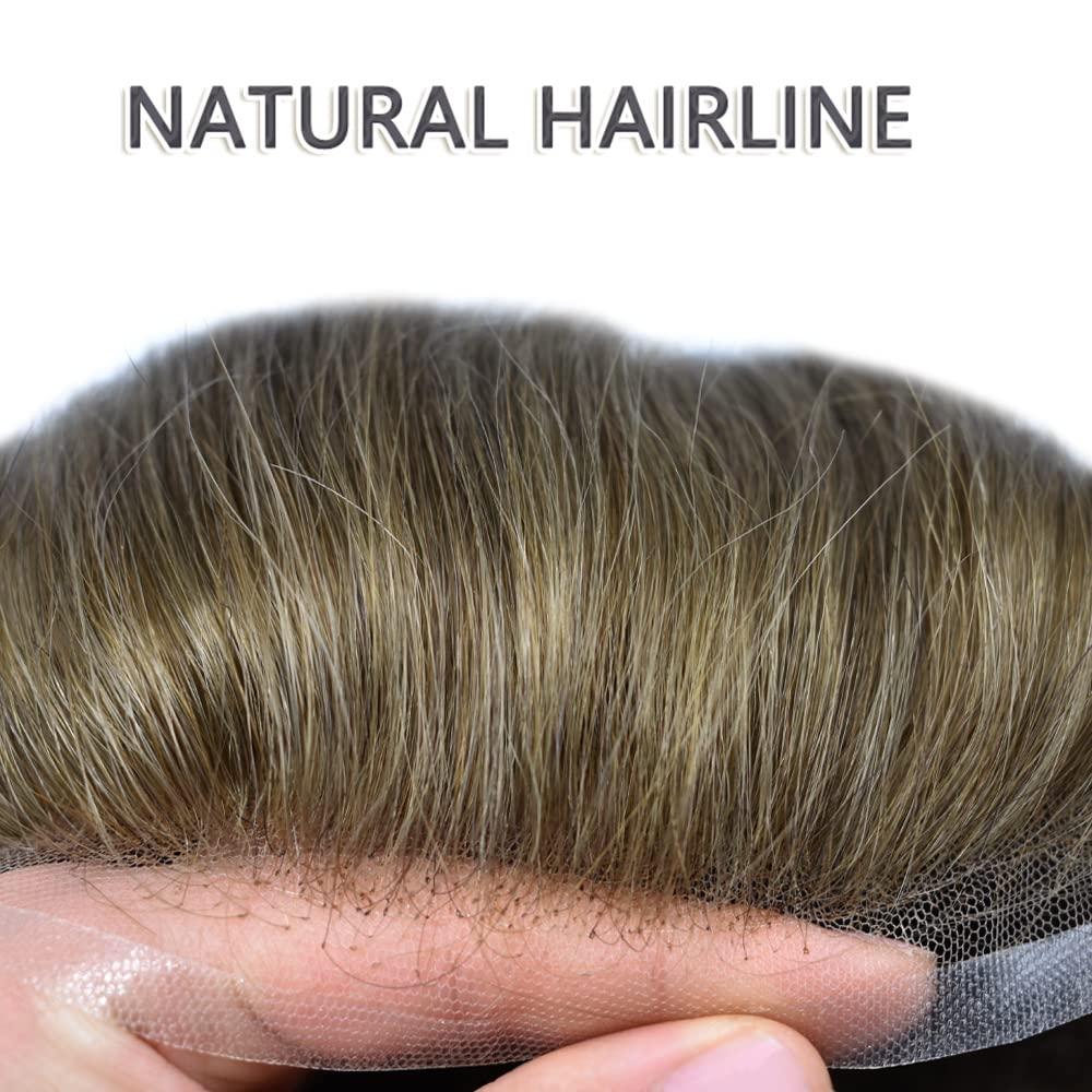 LYRICAL HAIR Mens Toupee Hair System Replacement for Men Hairpiece All French Lace Male Prosthesis Mens Wig Hair Piece Unit Toupee for Men (8\"X10\", #6 Light Brown-100% Light to Med-light Density)