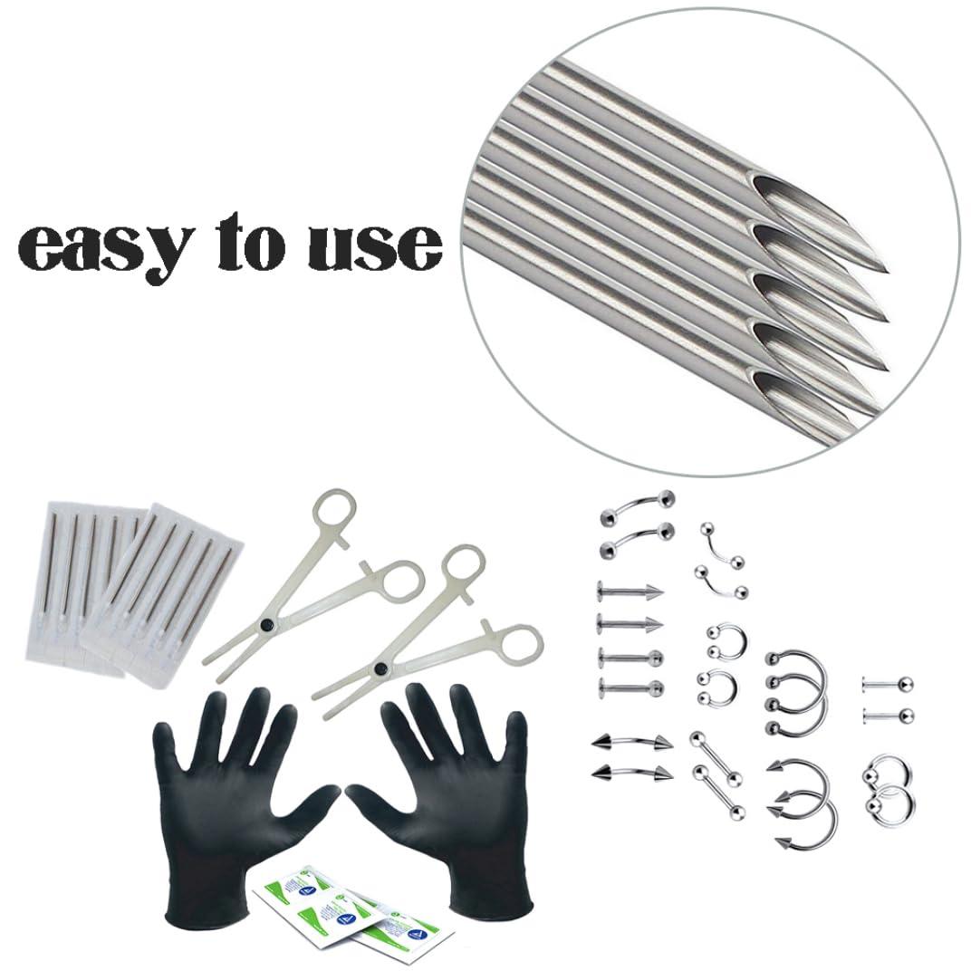 Pineeseatile Professional Piercing Kit Ear Nose Navel Nipple Piercing Set with Jewelry Needles Gloves Piercing Supplies 1Set