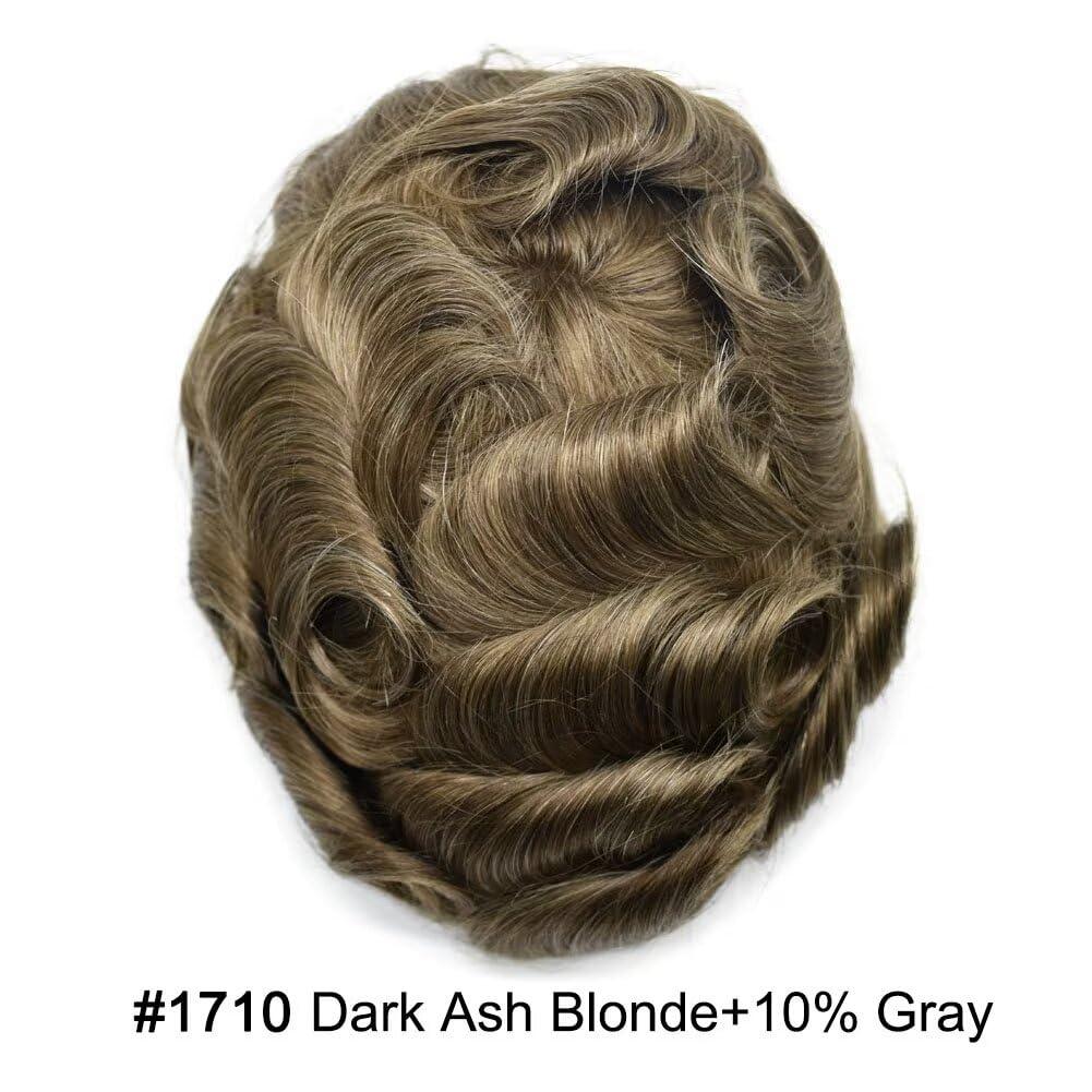 SINGA HAIR Toupee for Men Ultra Thin Skin Mens Hair System Soft Human Hair piece 0.04mm Invisible Mens Toupee All V-loop Skin PU Men Hair Unit Mens Hair Replacement7X9\"-80% density#1710 Dark Ash Blonde+10% Gray