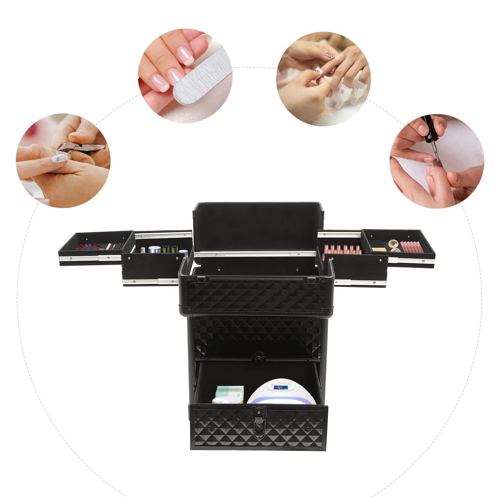 NliuLJW NliuLJW Professional Makeup Trolley, Rolling Cosmetic Train Case Wheeled Manicure Storage Cart Cosmetologist Stylist Case for Studio or Travelling, 13.4x9.8x18.5Inch (Black)