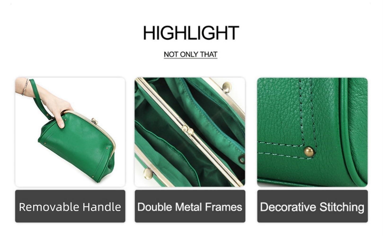 ZBOLI Cosmetic Bag for Woman,Kiss Lock Clutch Bag Genuine Leather Evening Bag Kiss Clasp Wrist Wallet Vitange Handbag (RED)