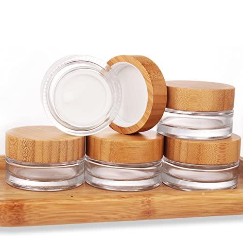 COSIDEA COSIDEA 5pcs Empty 1 OZ/30g Round Clear Glass Jars with Bamboo lids, Bamboo Cream Jar Refillable Cosmetic Travel Containers for Lip Balm, Ointments, Lotion Packing
