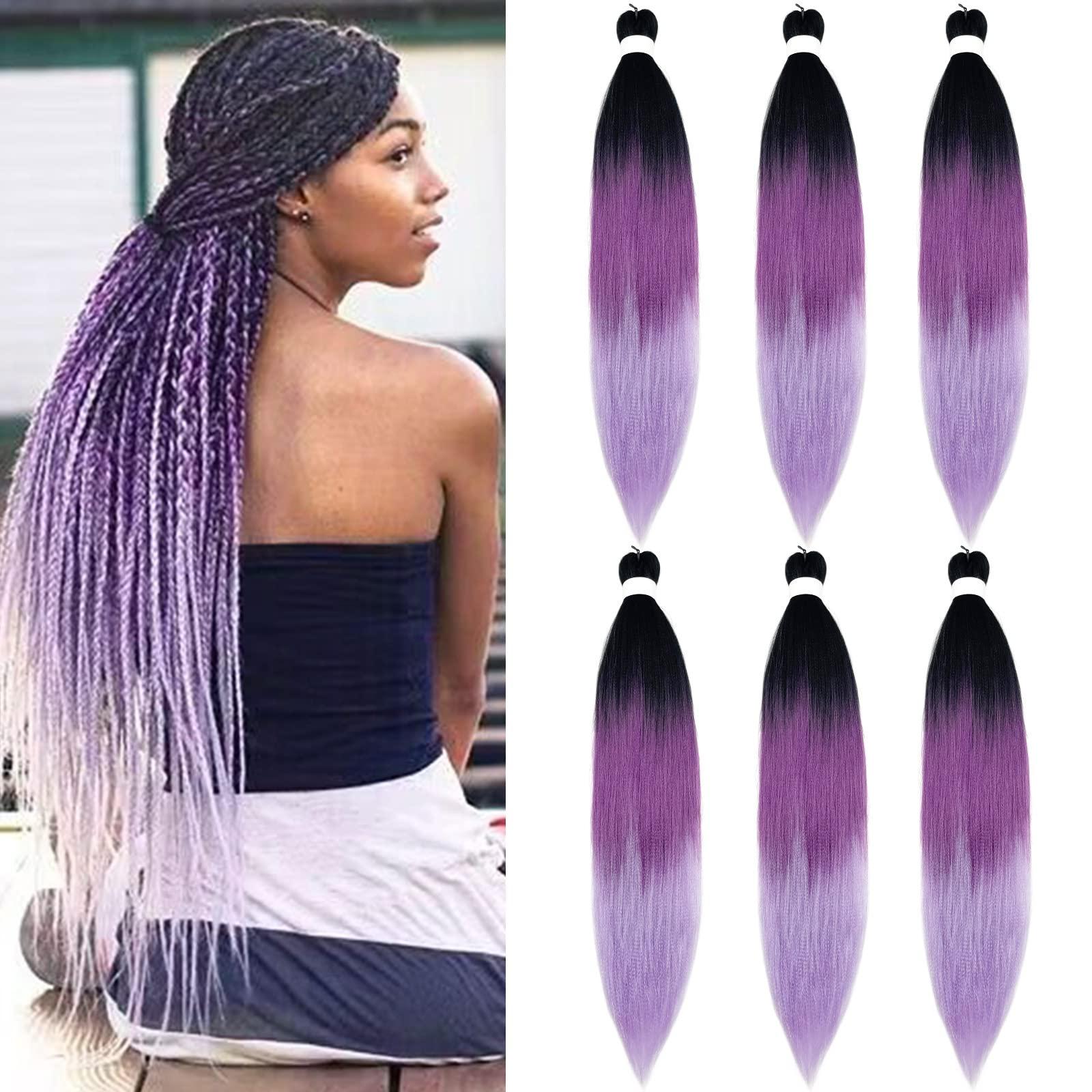 UPruyo UPruyo Black to Purple Ombre Braiding Hair Pre Stretched Synthetic Hair for Braiding Black Purple Hair Extensions for Braids Prestretched Braiding Hair Ombre (26 In 6 Packs)