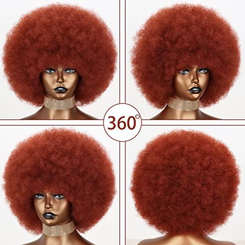 Xinran 8 Inches Short Afro Wig for Black Women,Natural Hair Synthetic Ginger Big Afro Wig,70s Bouncy and Soft Natural Looking Afro Wig(Auburn)