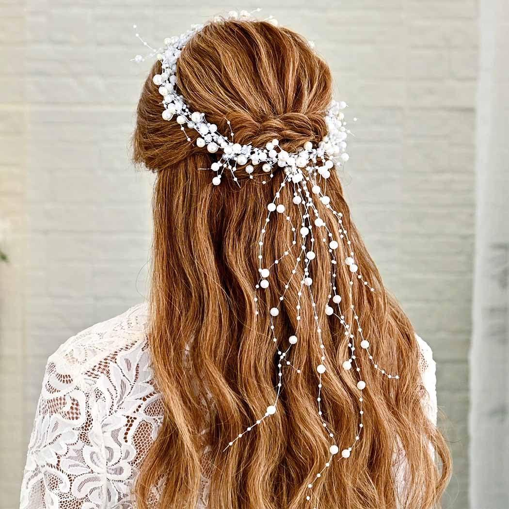 BARTOSI BARTOSI Pearl Bridal Headband Silver Pearl Tassel Wedding Hair Accessories Prom Headpiece for Women and Brides