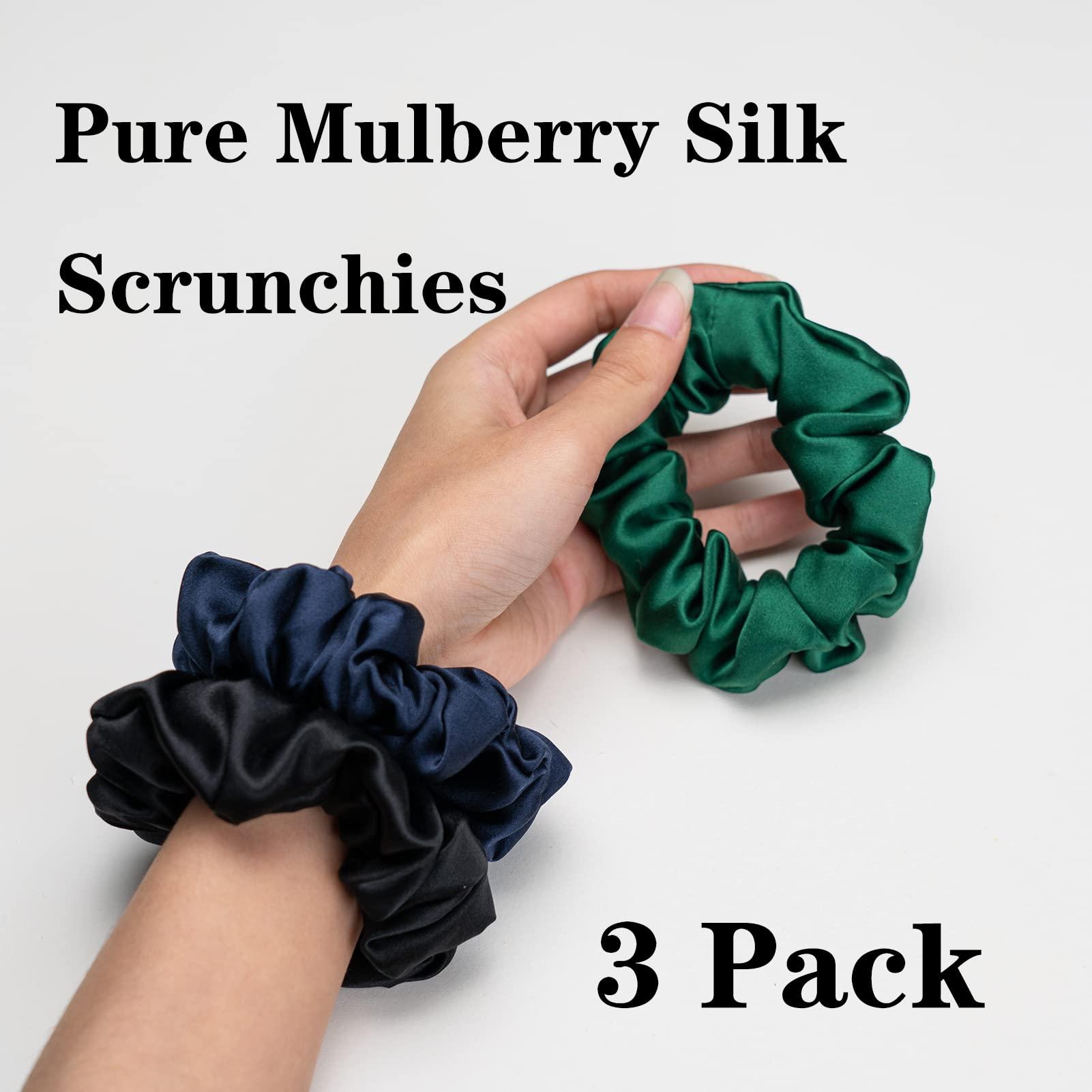Silmer Silk Scrunchies for Hair 100% Mulberry Silk Hair Ties 3 Pack(Black, Navy Blue, Emerald)