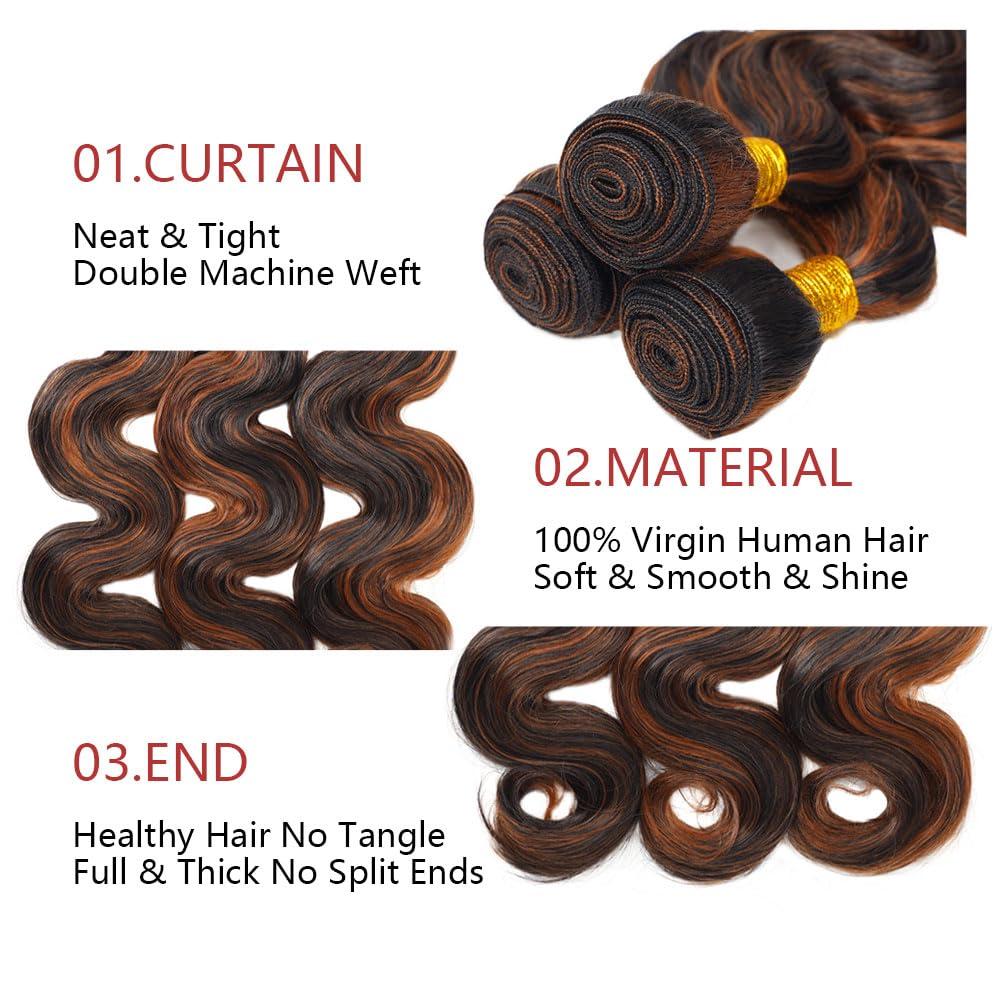 Seeuiegam P1B/30 Highlight Body Wave Bundles Brown Human Hair Bundle Real Brazilian Virgin Brown Body Wave 3 Bundles Two Tone Black and Brown Bundle Double Weft Hair Extensions 14 16 18 Inch