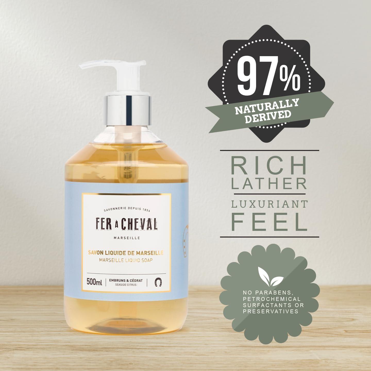 Fer a Cheval Fer Cheval Marseille Liquid Soap, Luxury French Liquid Soap, Savon Liquide De Marseille, Seaside Citrus 500ml, Set of 2, 16.9 f oz