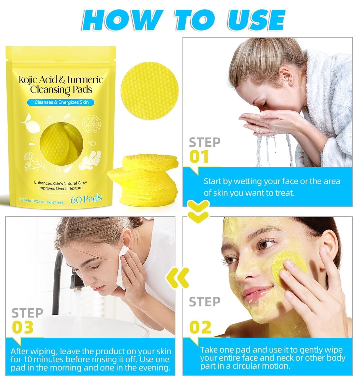 NIFEISHI NIFEISHI Turmeric Face Scrub Pads, 60pcs Kojic Acid and Turmeric Cleansing Pads with Vitamin B5 and Vitamin C, turmeric kojic acid cleansing pads for Face and Body