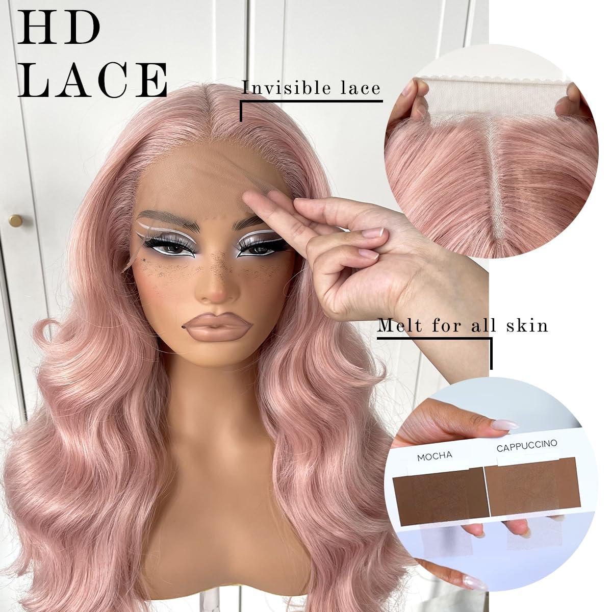 MITIMES MITIMES Pink Wigs Glueless HD Lace Front Wigs Pre Plucked Synthetic Body Wave Wear And Go Lace Front Wig For Cosplay Party Light Pink Wig With Natural Hairline For Fashion Women
