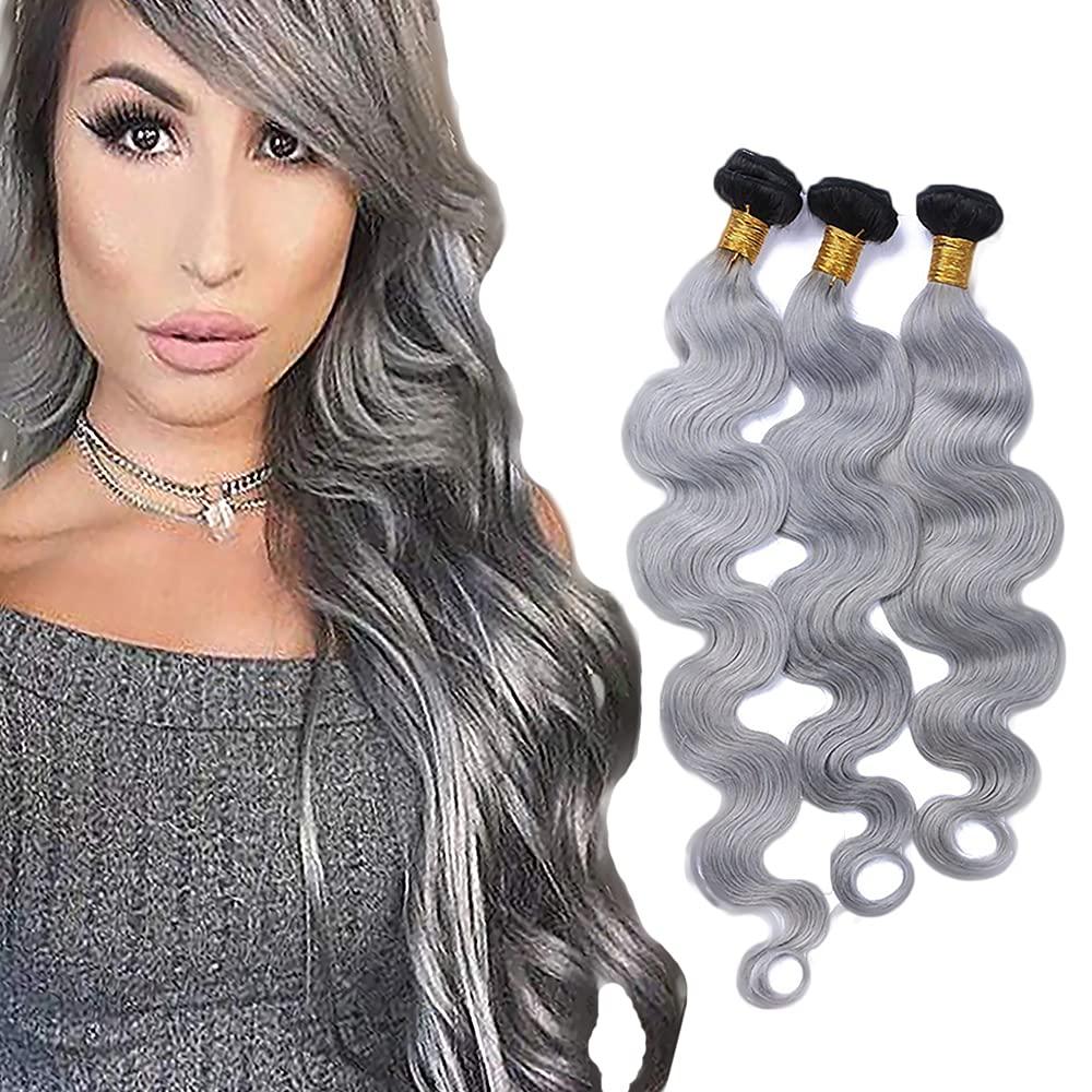 Freiuoke Silver Bundles Ombre Body Wave Human Hair Bundles Brazilian Grey Body Wave Bundles Virgin Hair 3 Bundles 18 20 22 Inch Two Tone Grey Hair Extensions 1B/Grey Bundles