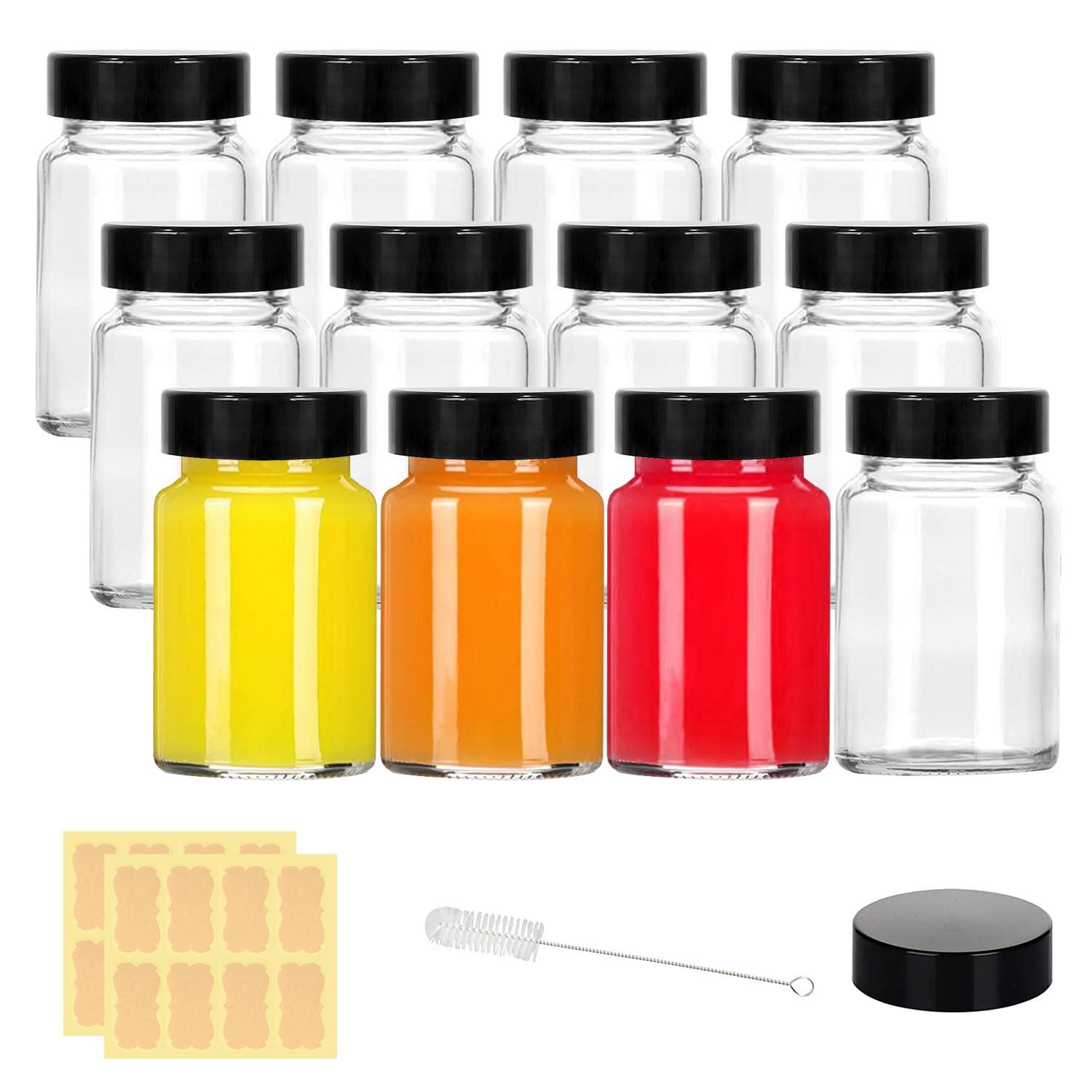 LANBEAUTIFY 2 oz Small Clear Glass Bottles with Lids - 12 Pcs Wide Mouth Shot Bottles with Caps for Ginger Shots, Juice, Potion, Liquids, Whiskey - Mini Travel Bottles with Funnels, Stickers (12PCS-Clear)