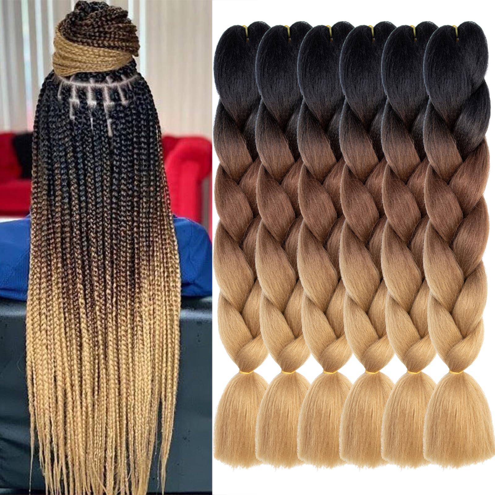XTREND Xtrend 6 Pcs Ombre Jumbo Braiding Hair Extension 24 Inch 3 Tone Jumbo Box Braiding Hair Jumbo Braid Synthetic Hair for Braiding 100g/pc (6 Pieces,Black+Dark Brown+Light Brown#)