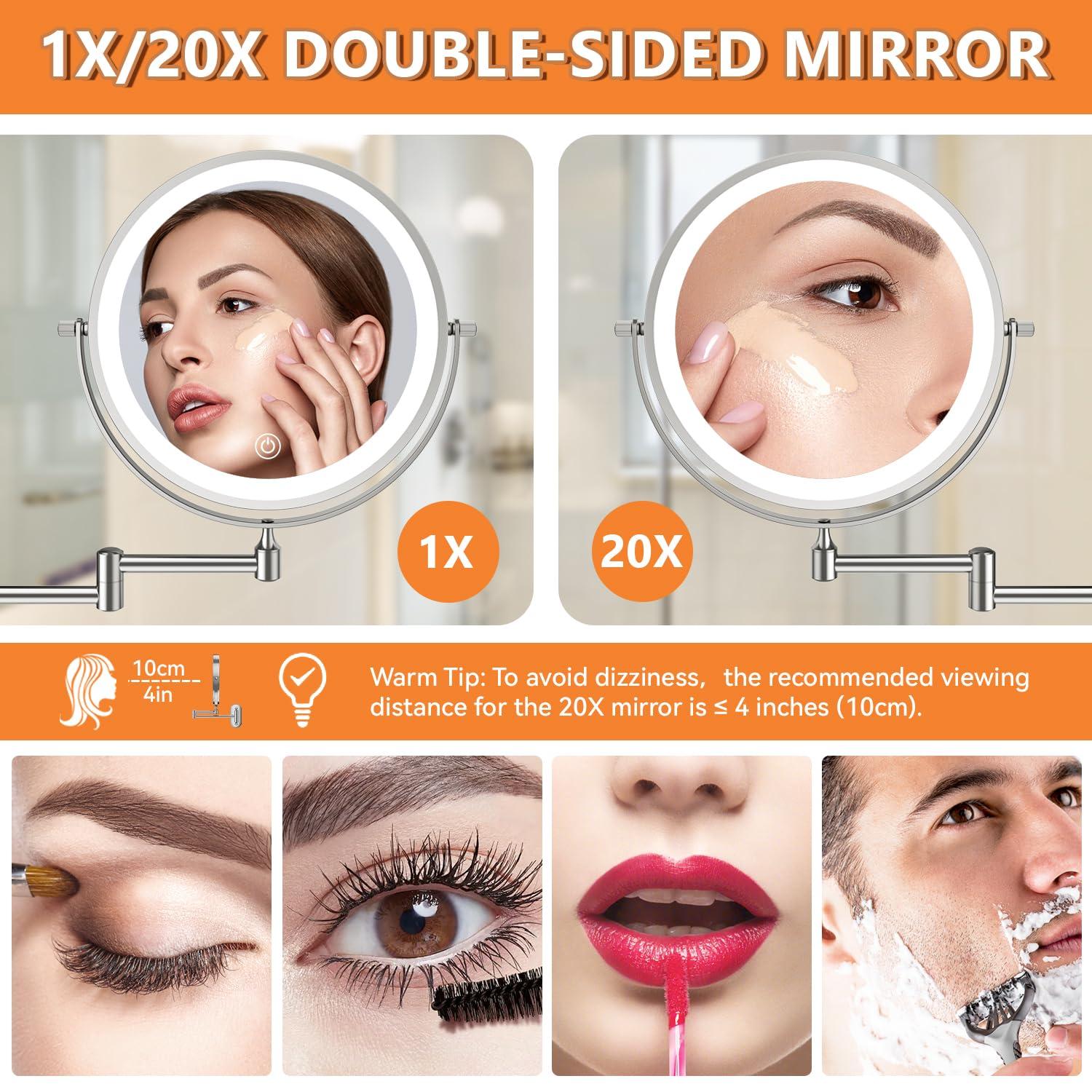 Auxmir 1X/20X Wall Mounted Makeup Mirror with Light, 8\" Double-Sided Magnifying Mirror, 3 Color Lights Touch Dimmable Vanity Mirror with 360 Extension Rotation Foldable 14.5 Inch Arm for Bathroom