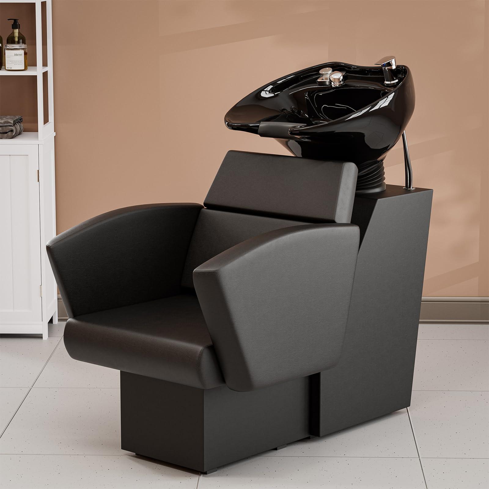 Icoget Icoget Shampoo Bowl and Chair Set for Salon, Deep Porcelain Tilting Salon Sinks for Hair Stylist, Backwash Shampoo Stations for Barber,Home, Black