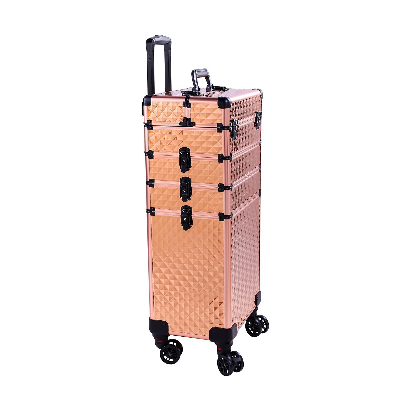 sheeroy sheeroy 4 in 1 Rolling Makeup Case, Cosmetic Train Case Trolley Traveling Make Up Cart with Key Swivel Wheels for Makeup Artist, Hairstylists, Nail Tech Stylist - Rose Gold