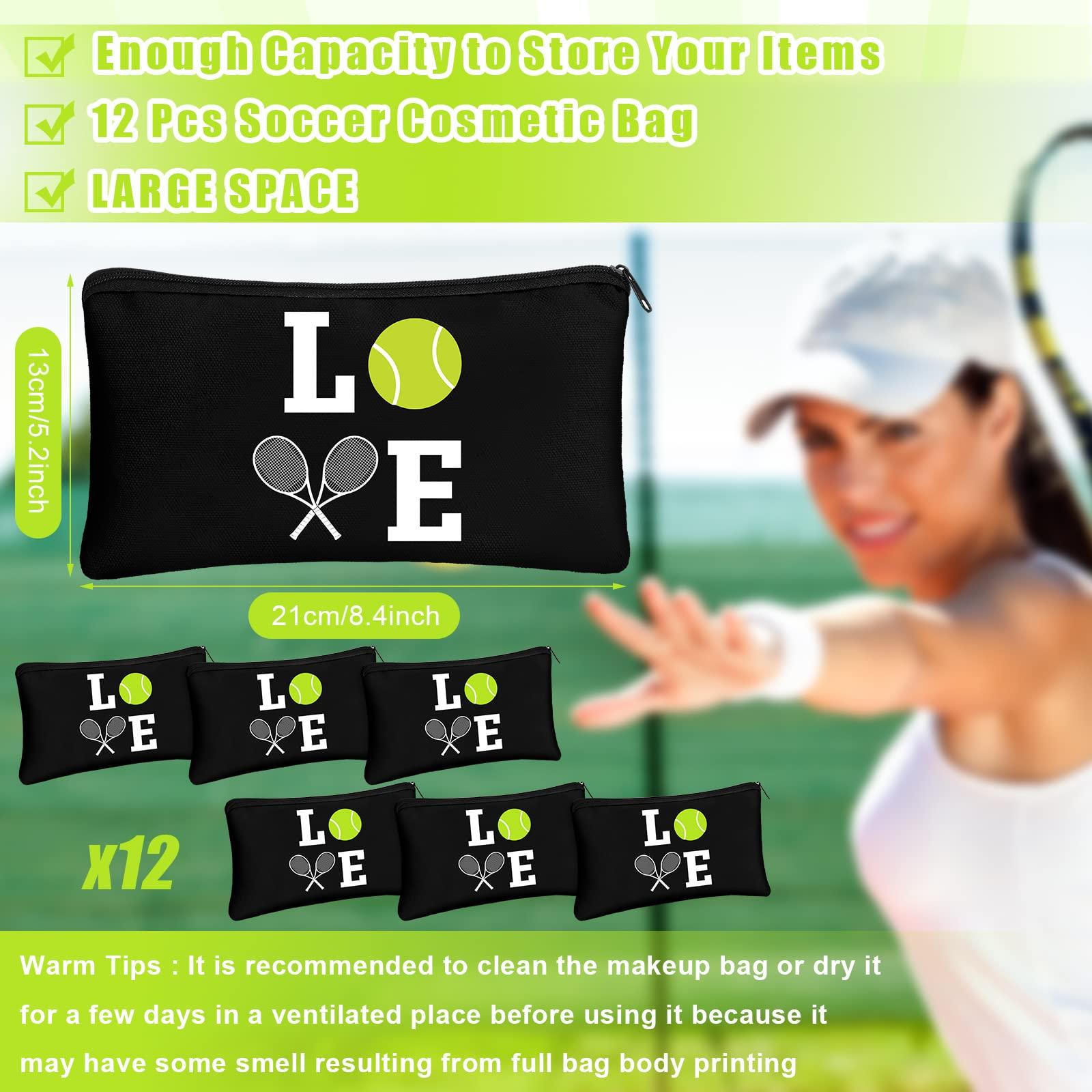 Moukeren 12 Pieces Tennis Makeup Bag Cosmetic Bag with Words Tennis Travel Storage Bags Portable Storage Case Toiletry Bag Accessories with Zippers for Tennis Players Teams Women Girls (Black)
