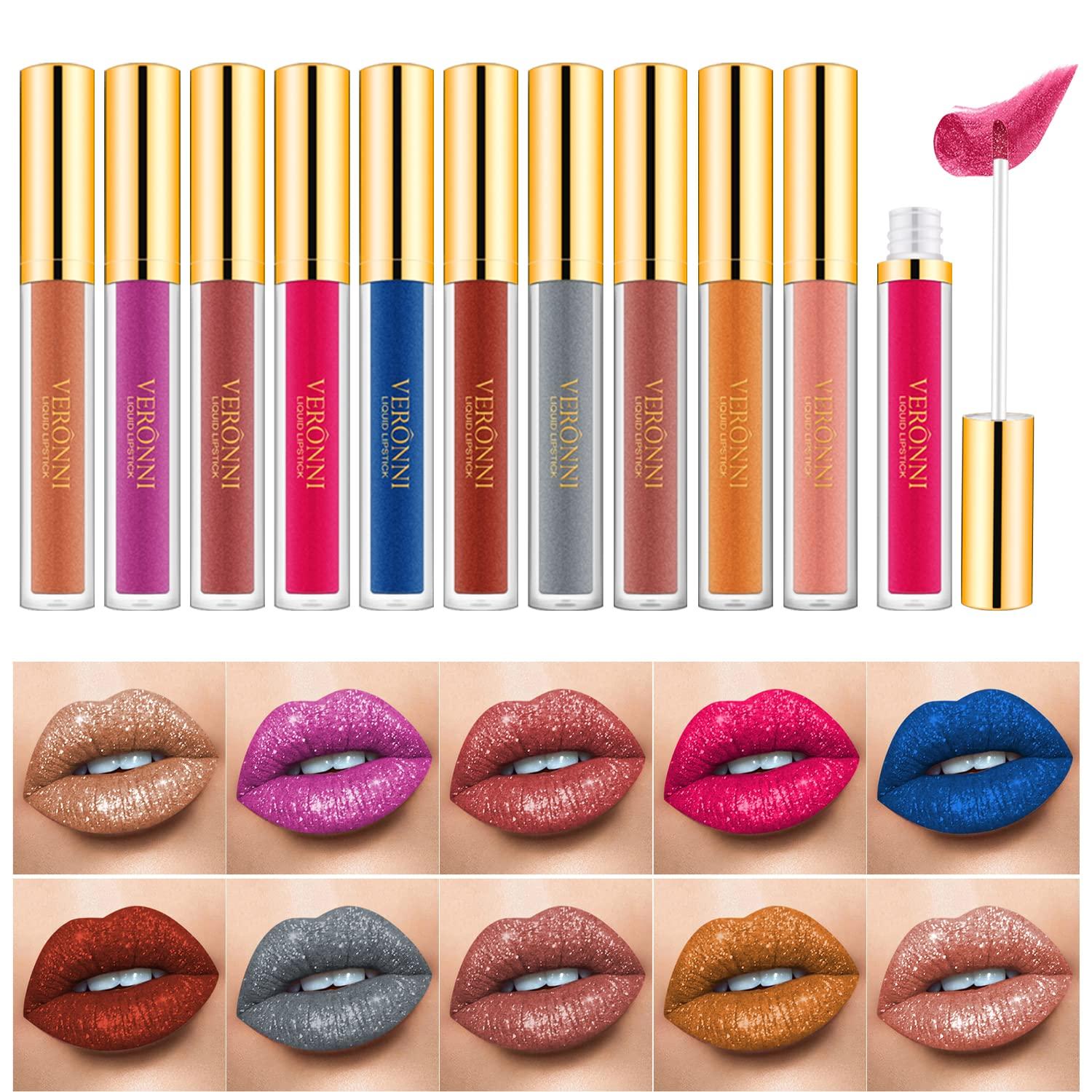 VERONNI VERONNI Diamond Glitter Lipstick Set, 10 Pcs Shimmer High Pigment Lip Gloss,Metallic Liquid Lipstick Long Lasting Waterproof Lip Gloss Makeup Kit,10pcs Lip Makeup Gift Set(10pcs together)