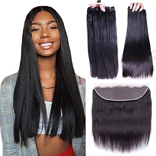 Queen Hair Queen Hair Products Double Drawn Virgin Human Hair Bundles With Frontal Brazilian Bone Straight Hair Extensions 13x4 Lace Frontal With Bundles (12 14 16 frontal 10)