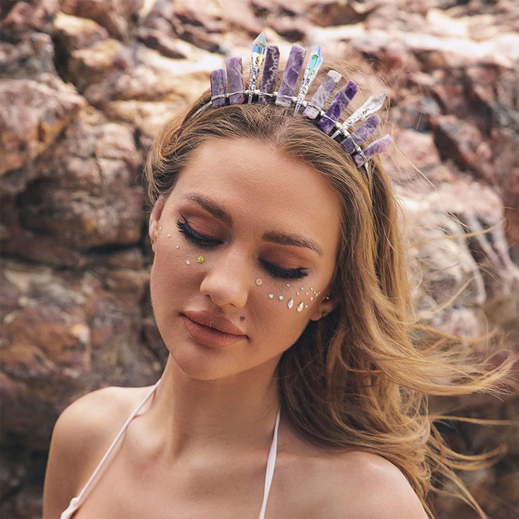 Formery Formery Purple Raw Crystal Crown Silver Amethyst Pendulum Quartz Headband Handmade Natural Stone Headpiece Hair Accessories for Women
