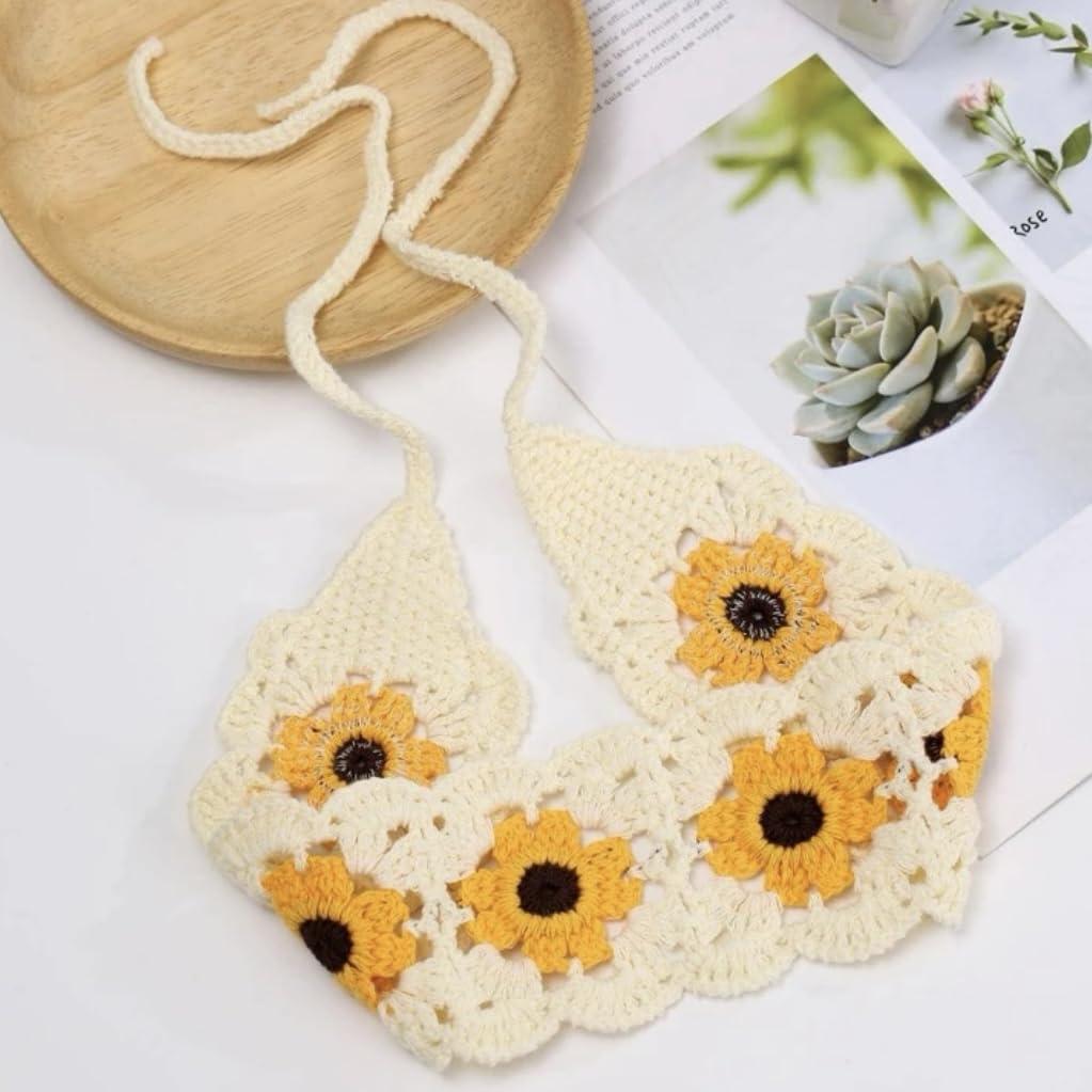 ClawsandPaws ClawsandPaws Daisy Crochet Headbands Hairbands, Hair Scarf, Knitted Floral Hair Accessories for Festival/Holiday, Cottagecore Aesthetic (Beige with Yellow Flower)