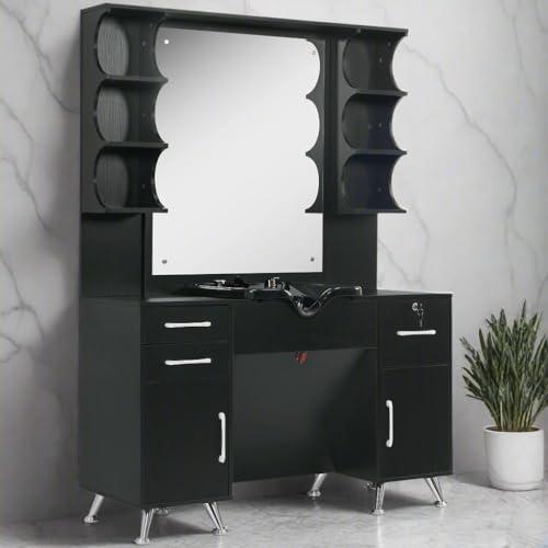 BarberPub BarberPub Backwash Shampoo Bowl Cabinet, Wall Mount Station with Mirror, Storage Cabinet with Drawers & Shelf Salon Equipment 3141 (Black)