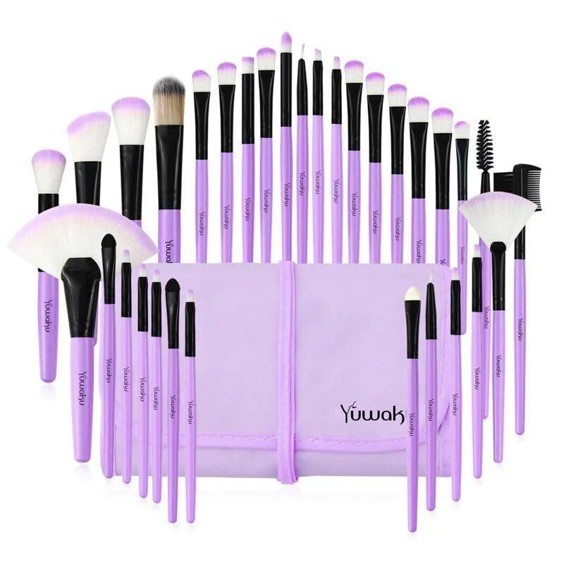 Generic 32-piece Professional Makeup Brush Set with Eco-Friendly Wooden Handles and Bag - Purple