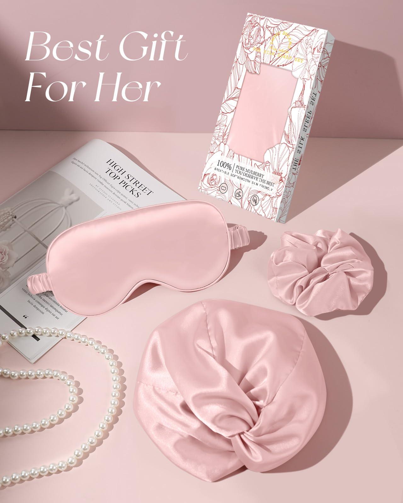 Miss Adola Miss Adola Silk Bonnet for Women - Mulberry Silk Sleep Cap for Hair Care with Eye Mask & Scrunchie 19 Momme Night Cap Sleeping Set with Elastic Stay On Head, Light Pk