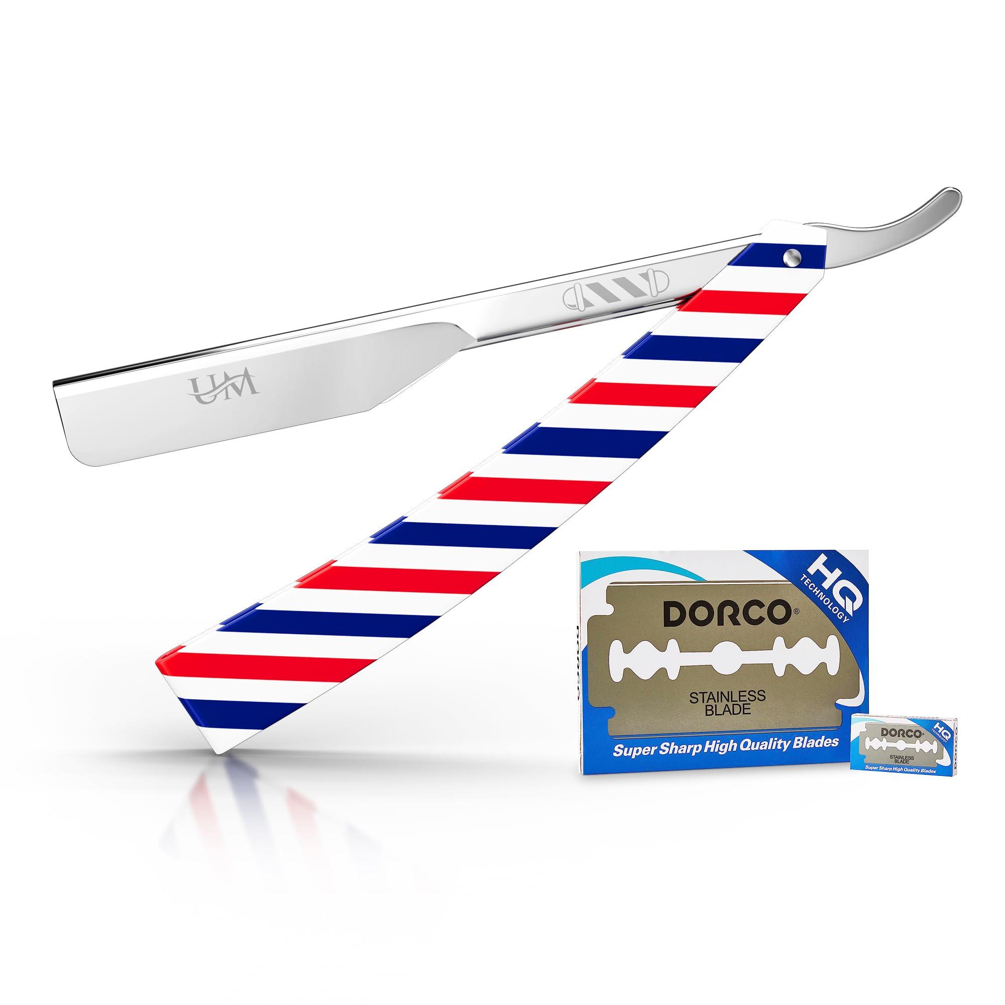 UM Supplies UM Supplies Straight Edge Barber Razor | Professional Men's Straight Shaving Razors kit With 10 Replaceable Blades | Cut Throat Shavette | Barber Pole Red, White, Blue
