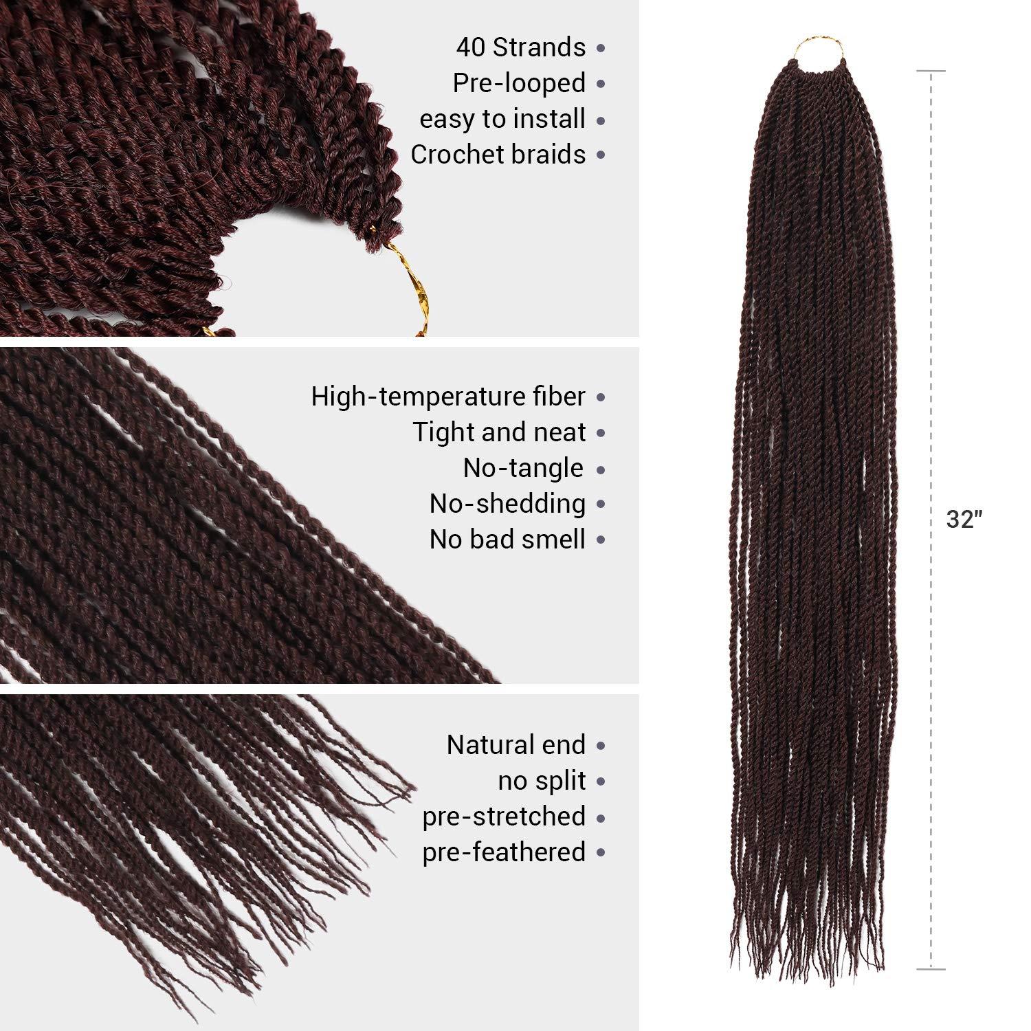 AU-THEN-TIC AU-THEN-TIC Senegalese Twist Crochet Braids Hair 32 Inch 6 Packs Small Mambo Twist 40 Strands/Pack Crochet Hair Pre-Stretched Pre-Looped Braiding Hair Extensions (32 Inch (6 Packs), 99J-Plum Red)