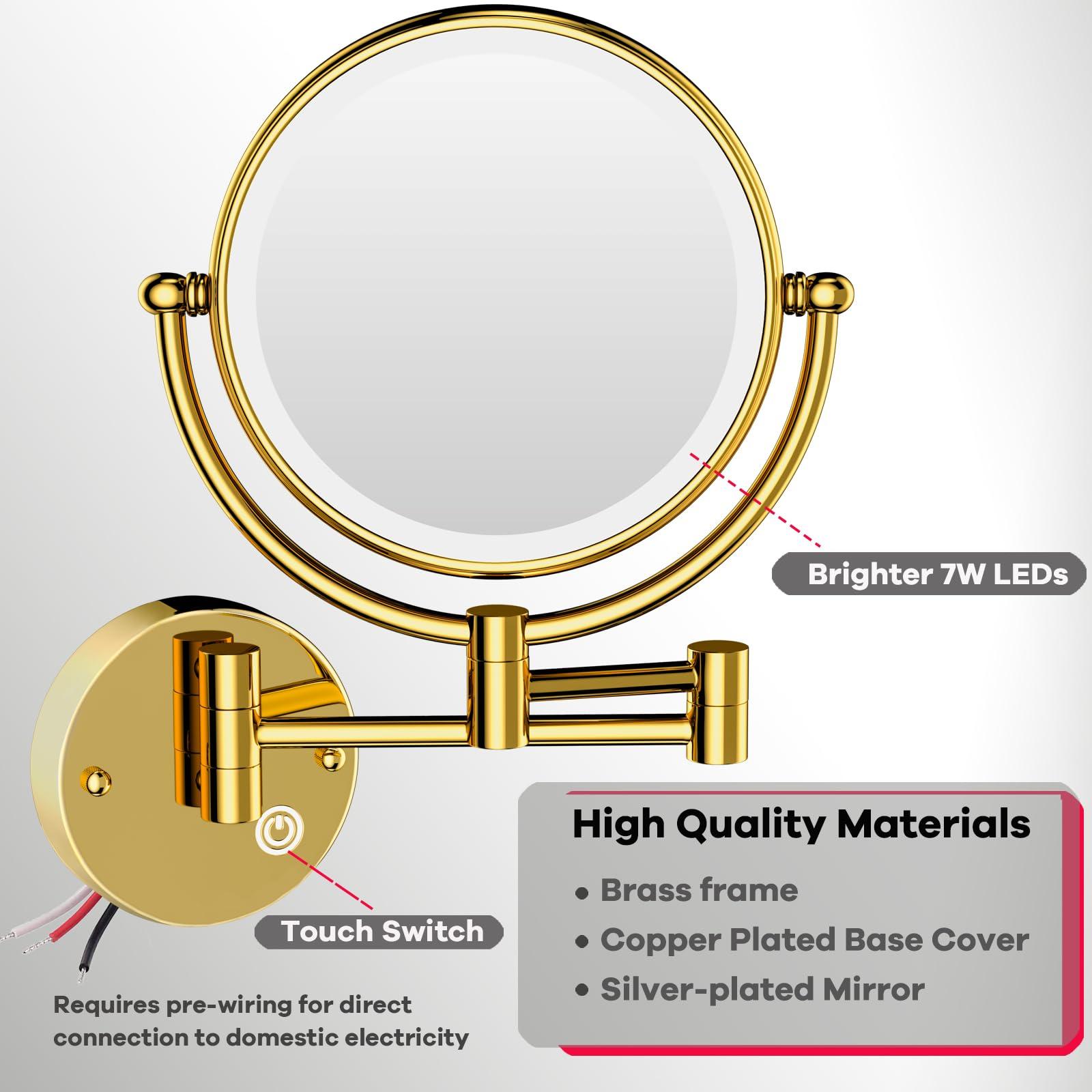 RECKODOR RECKODOR Wall Mount Magnifying Mirror with Light for Bathroom Makeup Mirror Wall Mounted Vanity Mirror Gold, 1/5X 2 Sided Extension Personal Wall-Mounted Mirror for Make-up Shaving, Hardwired