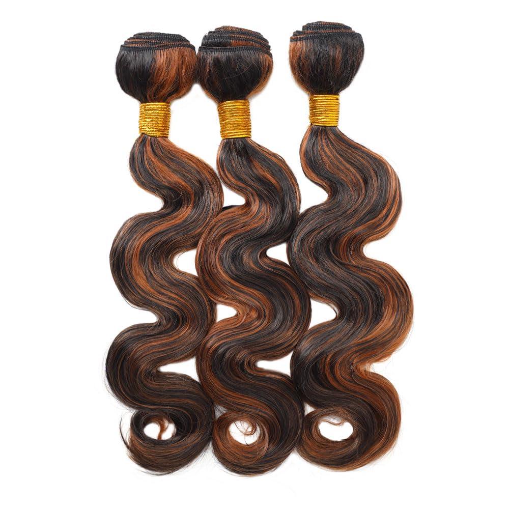 Seeuiegam P1B/30 Highlight Body Wave Bundles Brown Human Hair Bundle Real Brazilian Virgin Brown Body Wave 3 Bundles Two Tone Black and Brown Bundle Double Weft Hair Extensions 14 16 18 Inch