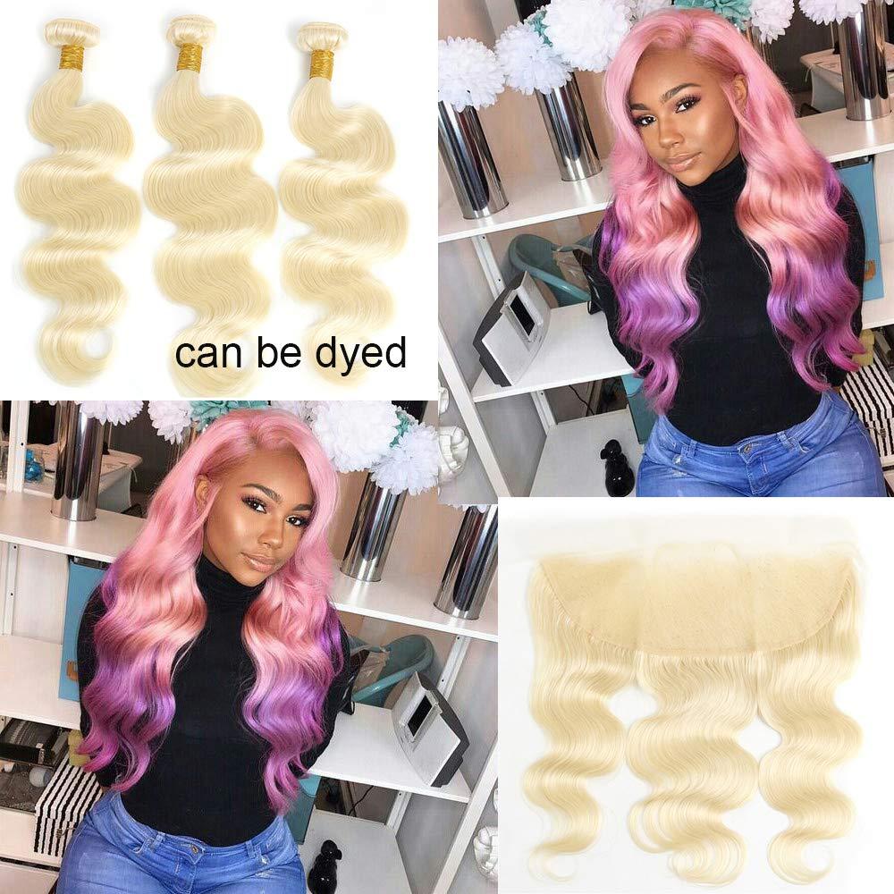 rcmei 613 Bundles with Frontal Peruvian Hair Blonde Body Wave Human Hair Bundles with Transparent Color Lace Frontal with Baby Hair Ear to Ear Honey Blonde Remy Hair Can Be Dyed (161618+14 inch, 613)