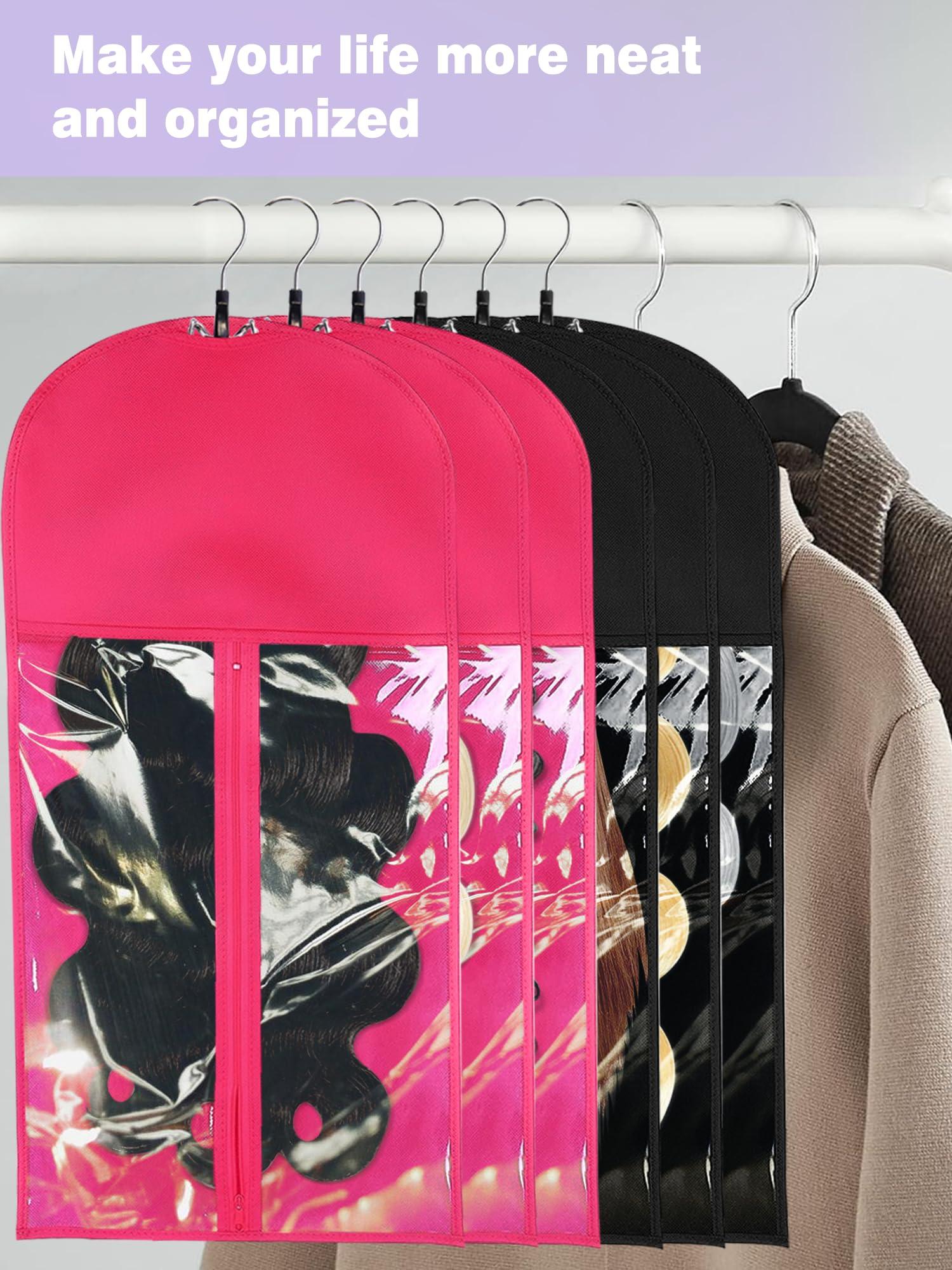 Whtawtaw 3 Pcs Hair Wig Extension Storage Bag, Hair Extensions Holder with Hanger, 11.4 * 23.6 inches, Portable Wig Bags Storage with Transparent Zipper Closure (Rose)