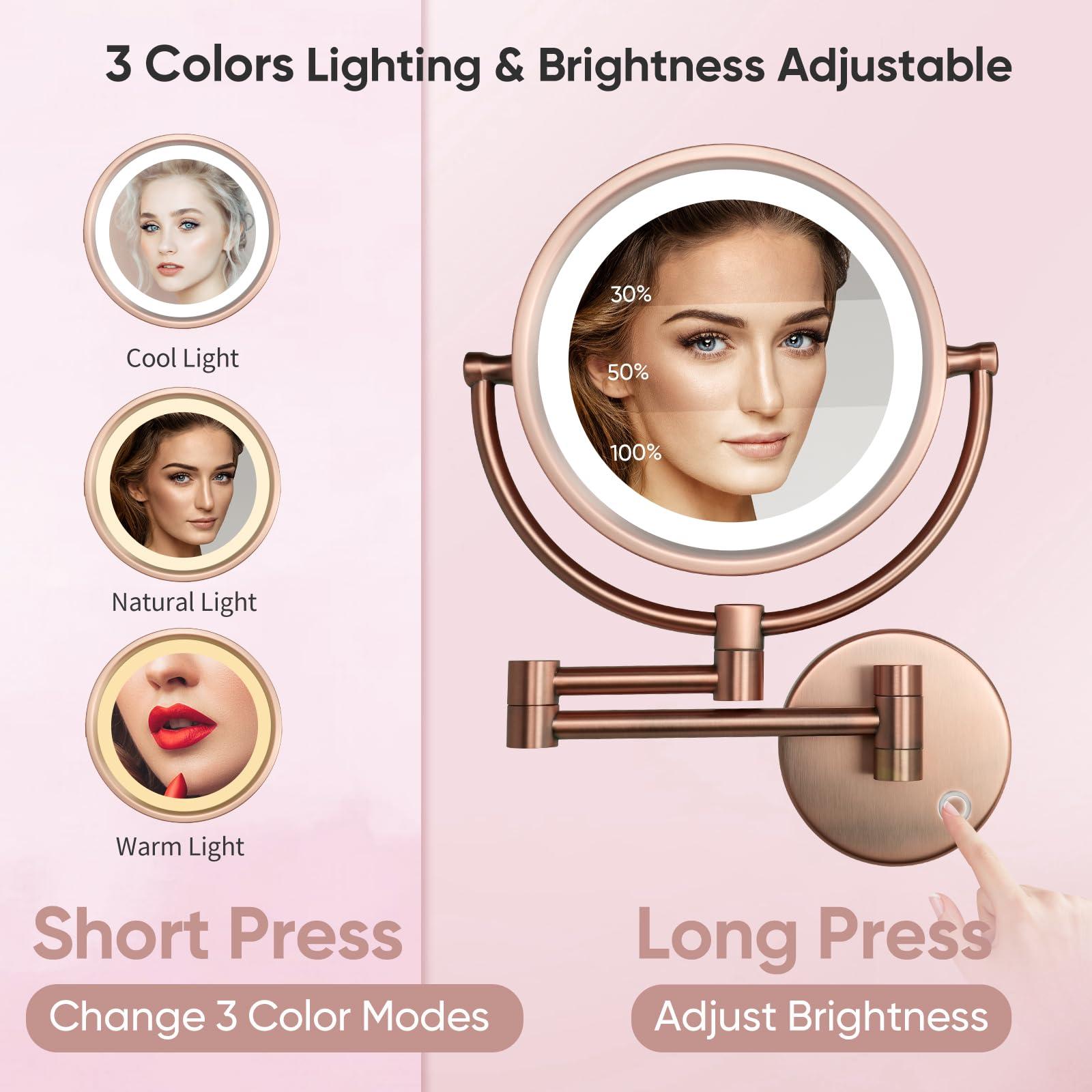 GURUN GURUN Wall Mounted Hardwired Makeup Mirror with 3 Tones Dimmable LED Lights 10x Magnifying Mirror with Touch Control for Bathroom Bedroom 13\" Extendable Arm M1809DB-9x10MR-T(10x,Matte Rose Gold)