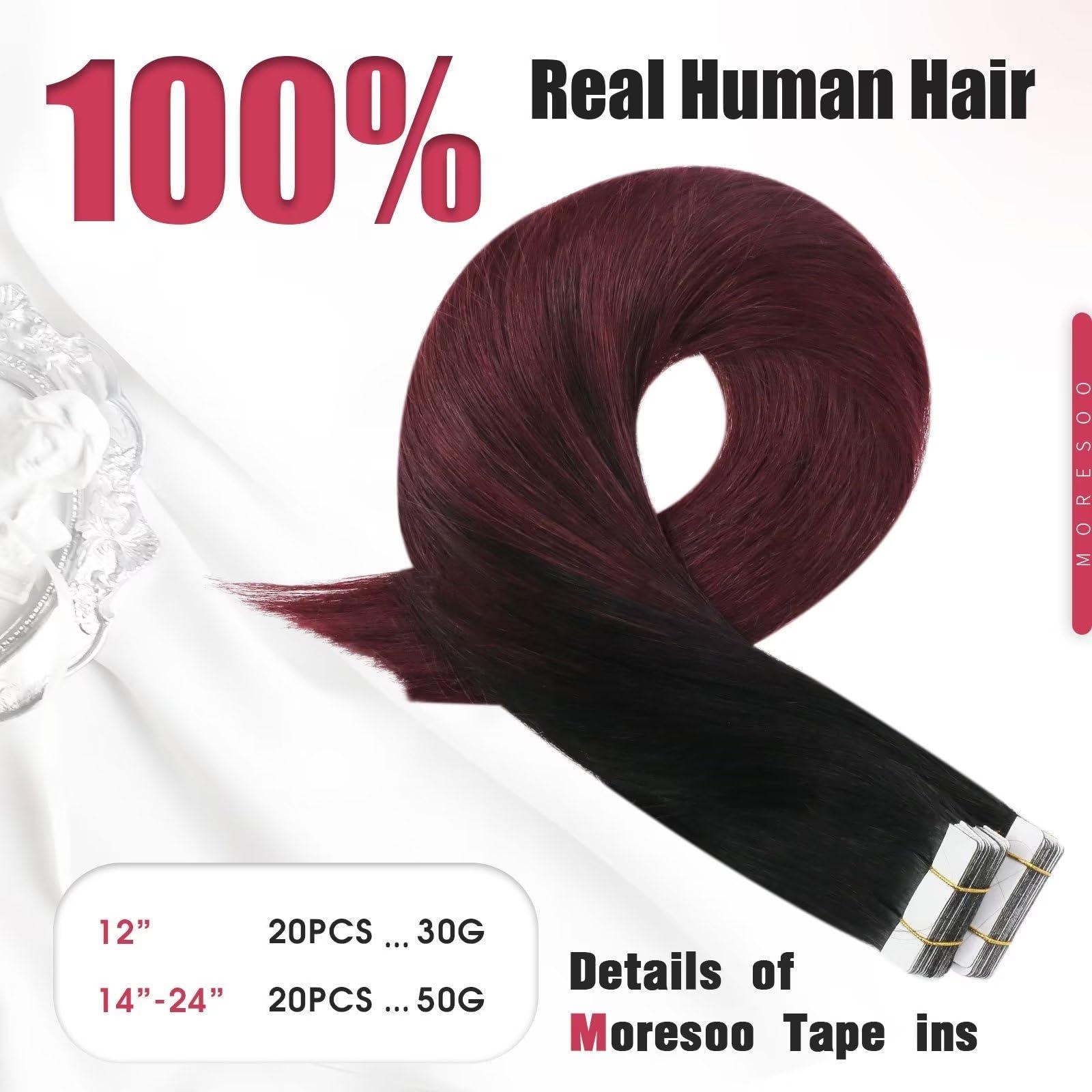 Moresoo Moresoo Tape in Burgundy Hair Extensions Ombre Human Hair Extensions Balayage Off Black to Black with Wine Red Hair Extensions Human Hair Tape in Skin Weft Hair Extensions 14 Inch #1B/99J 20pcs 50g