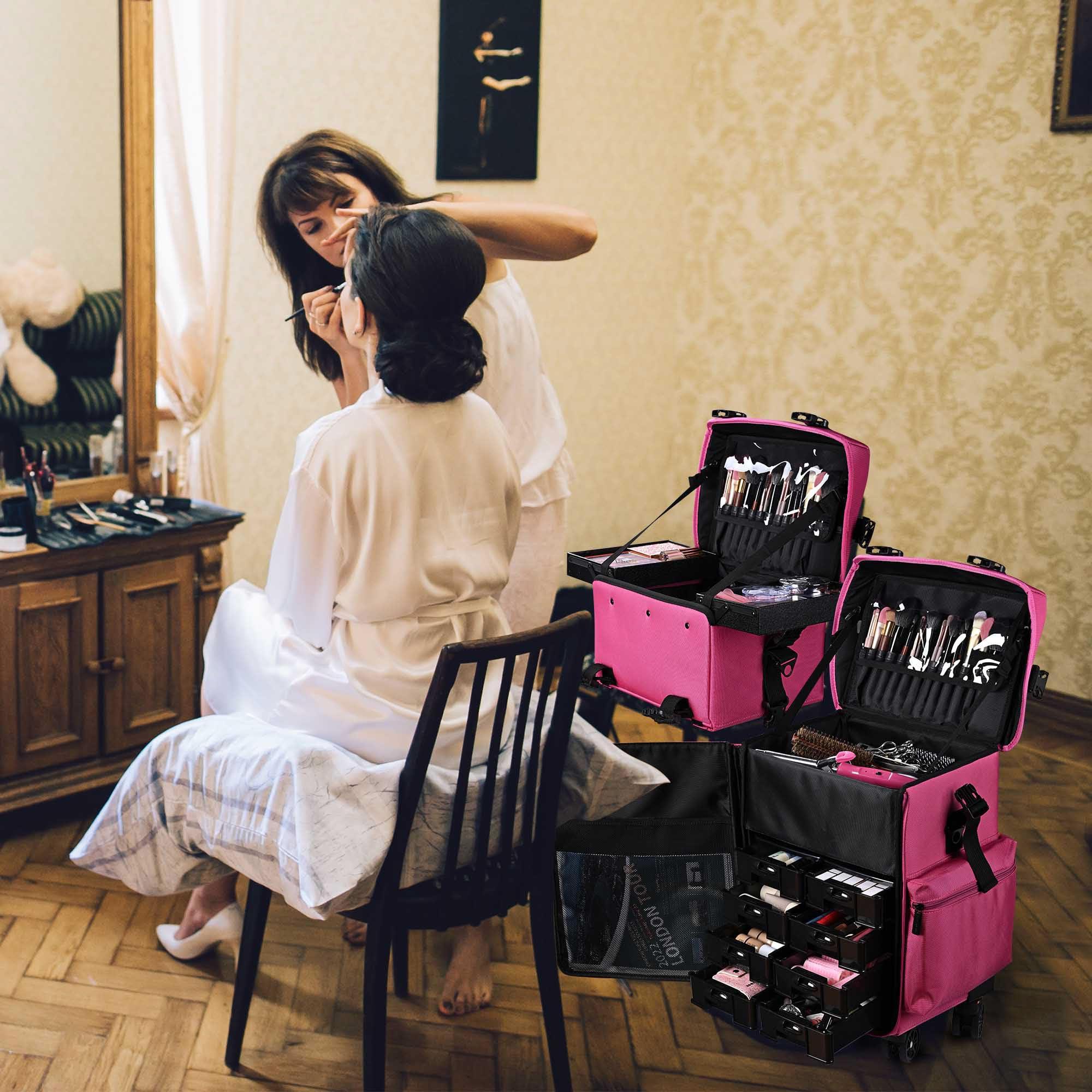 BYOOTIQUE BYOOTIQUE 2 in1 Soft Sided Rolling Makeup Case Unseasonable Bright Cosmetic Train Case with Wheels and Removable Organizer, Deep Pink