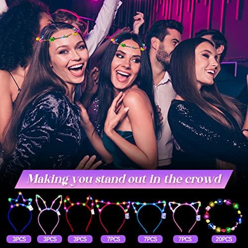 Xinnun 50 Pcs LED Cat Ear Headbands Bulk, Light up Flower Headband Glow Crown Rabbit Ear Hairband Luminous Head Accessories for Glow in the Dark Party Supplies