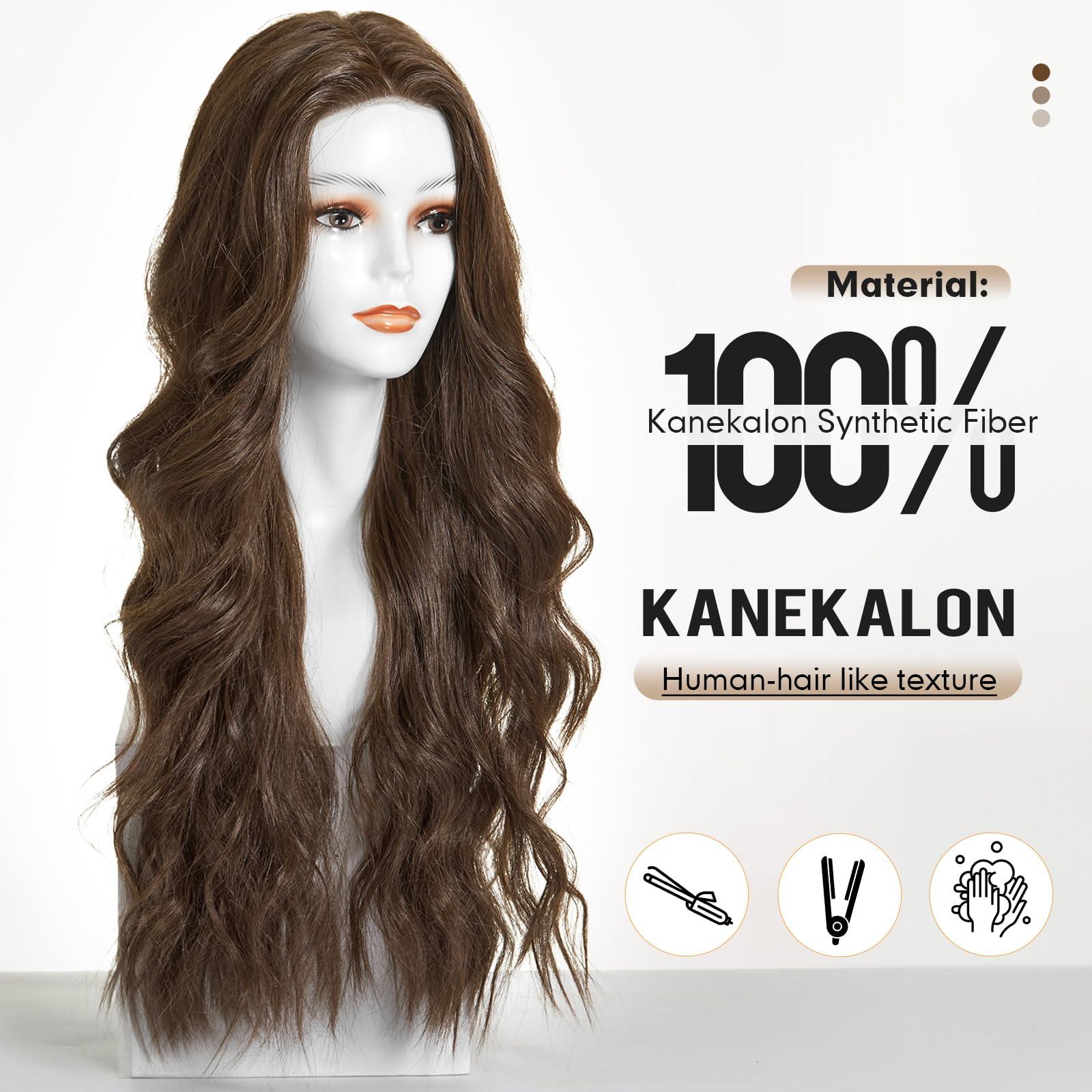 DWY DWY Long Wavy Brown Synthetic Lace Front Wigs Mono Top Futura Hair Wig for Women Brunette Wig Free Part Monofilament Glueless Wigs for Daily Use