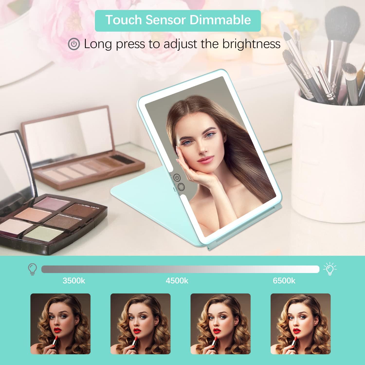 KDKD KDKD Folding Travel Mirror Lighted Makeup Mirror with 72 LEDs 3 Colors Light Modes USB Rechargable 2000mA Batteries Ultra Thin Compact Vanity Mirror with Touch Screen Dimming for Cosmetic Green