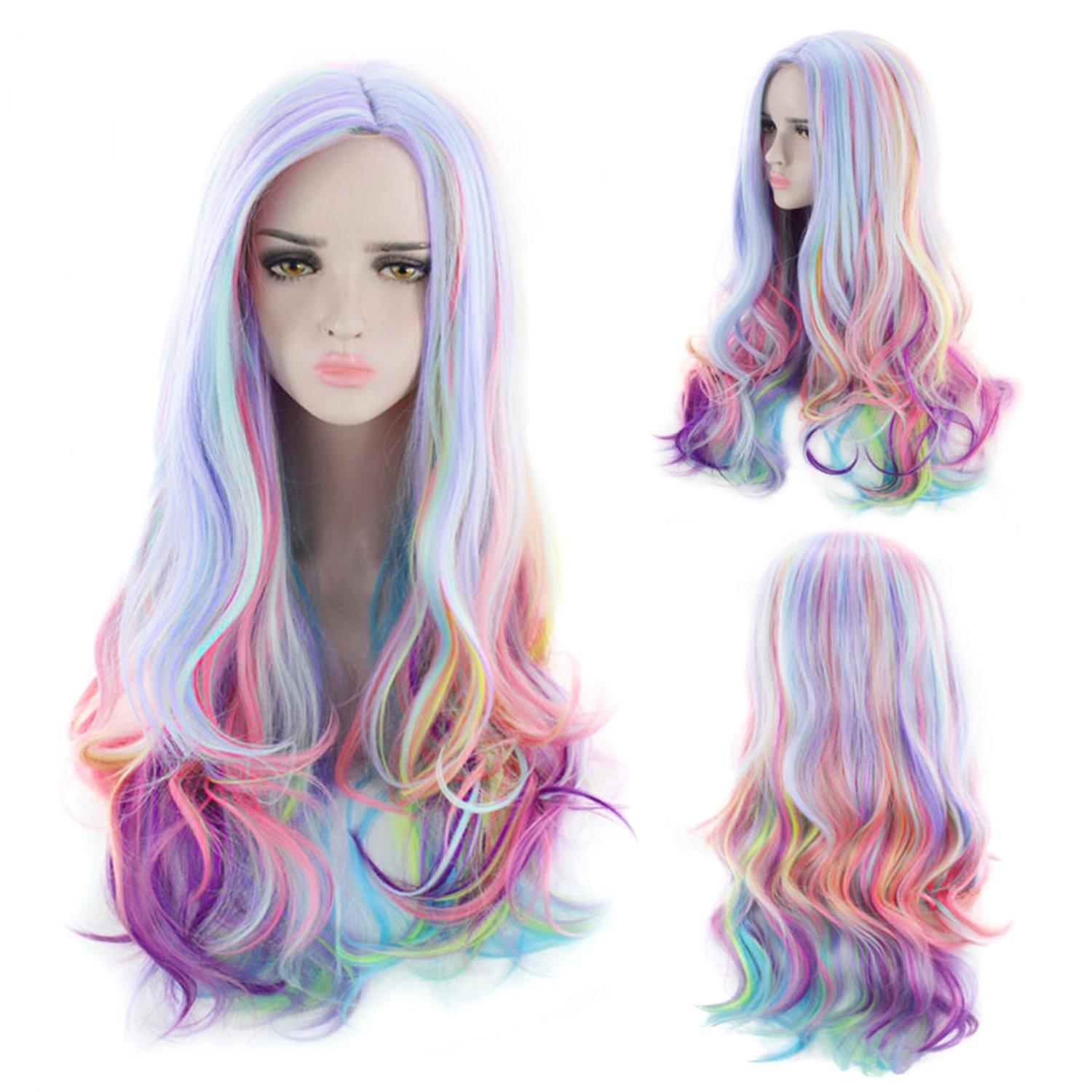 AGPTEK AGPTEK Full Long Curly Wavy Rainbow Hair Wig Bundles with 13 Inches Straight Heat Resistant Short Bob Hair Wigs for Women Cosplay Daily Party, Music Festival, Theme Parties, Wedding, Concerts, Cosplay